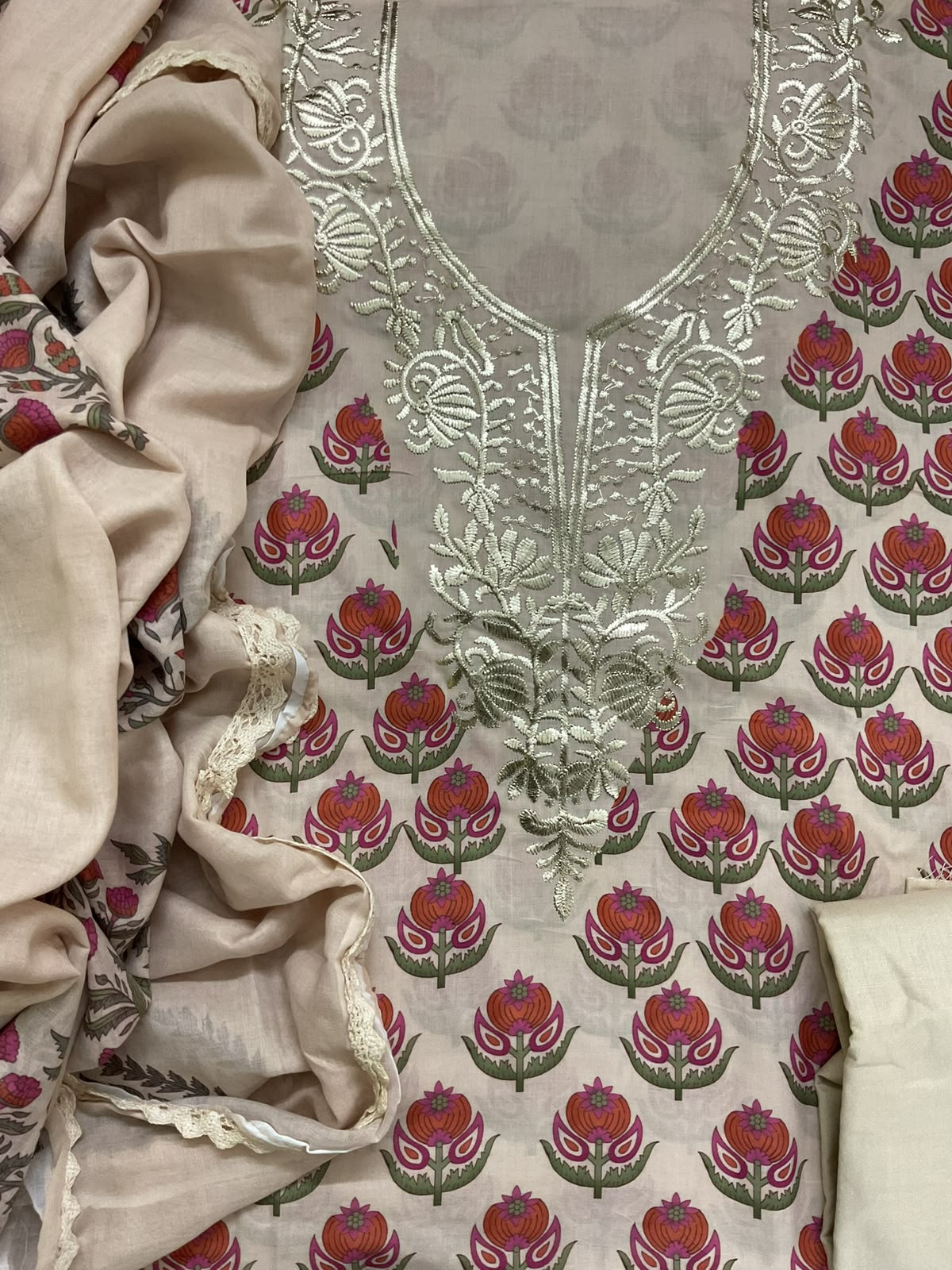 Soft Cotton Printed Embroidered Suit - Beige
