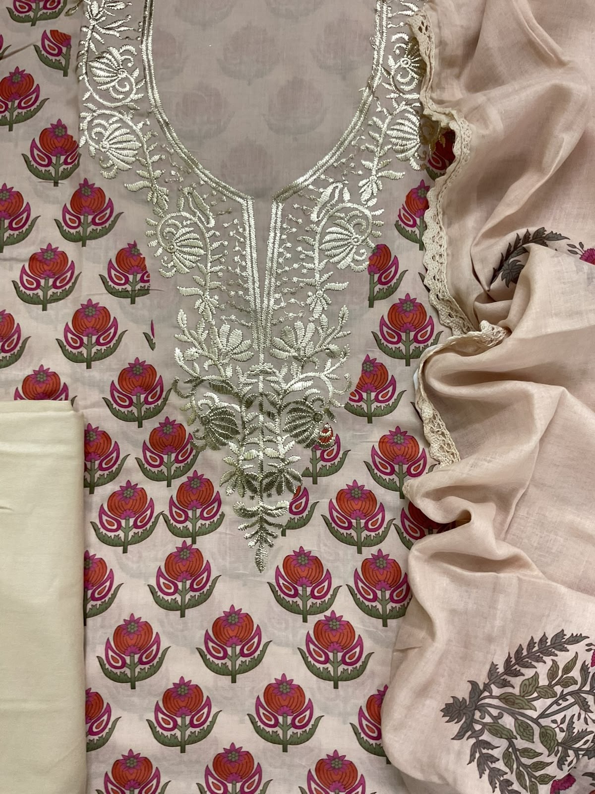 Soft Cotton Printed Embroidered Suit - Beige