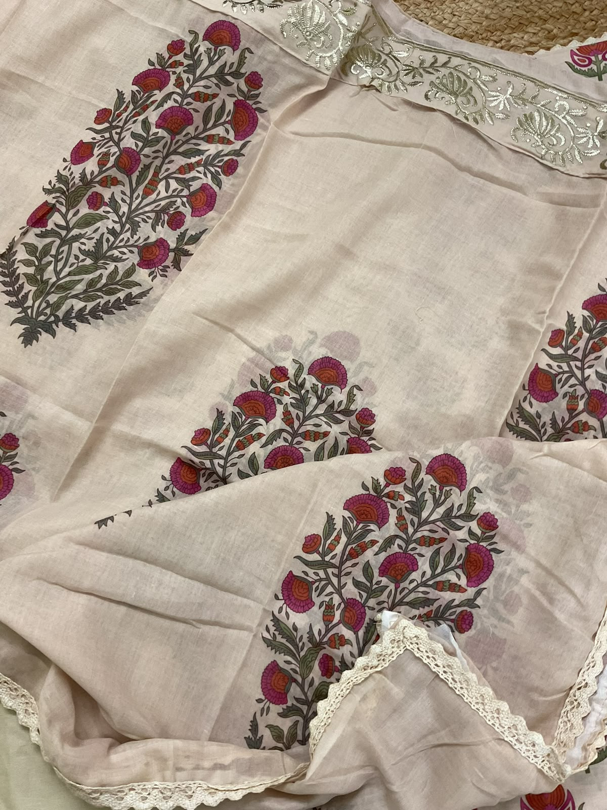 Soft Cotton Printed Embroidered Suit - Beige