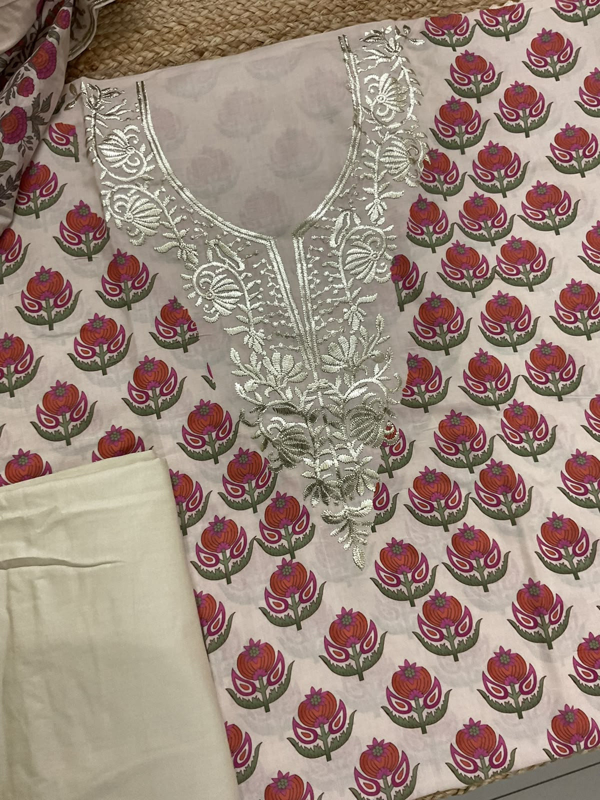 Soft Cotton Printed Embroidered Suit - Beige