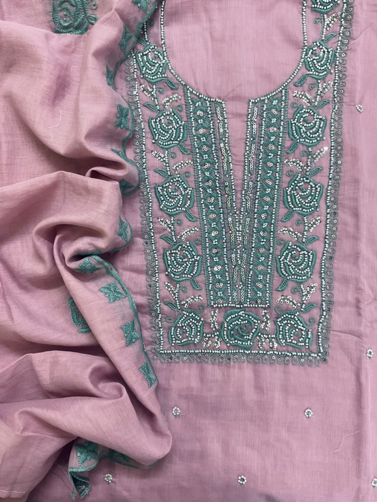 Image of Soft Chanderi Embroidered Suit - Lavender