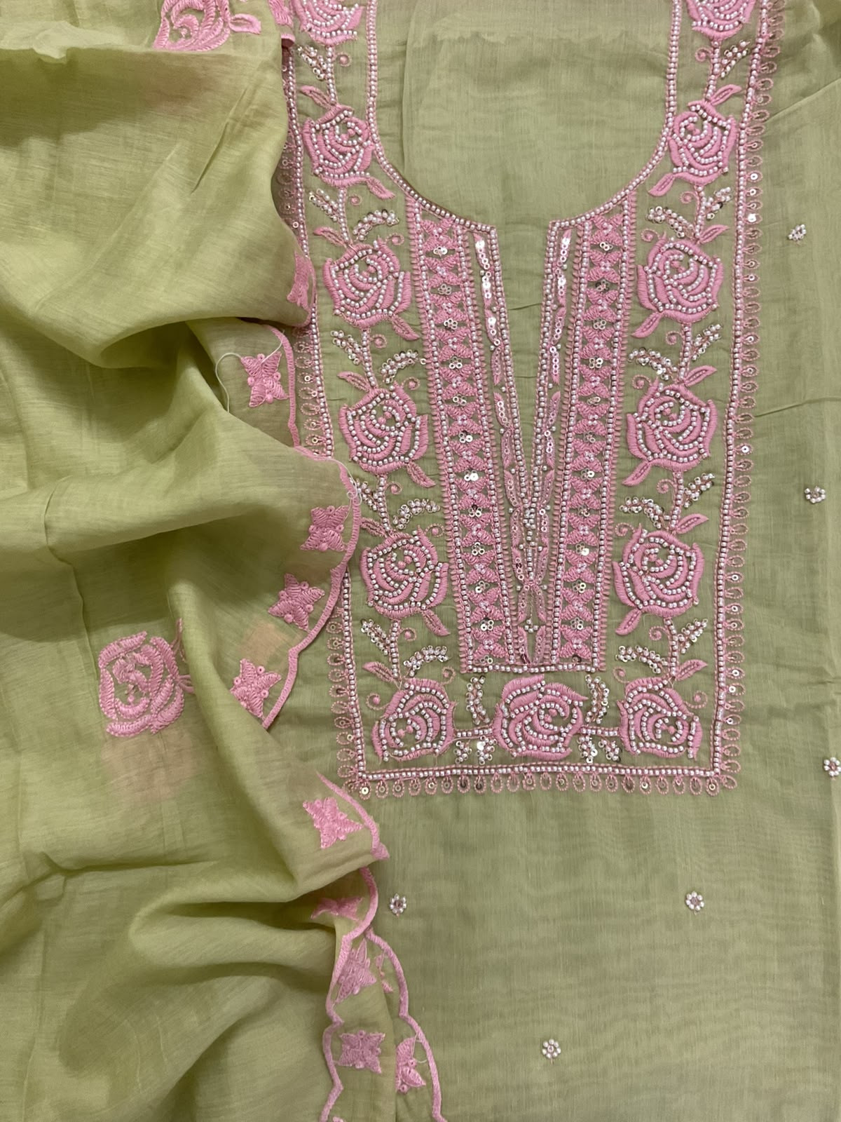 Soft Chanderi Embroidered Suit - Green