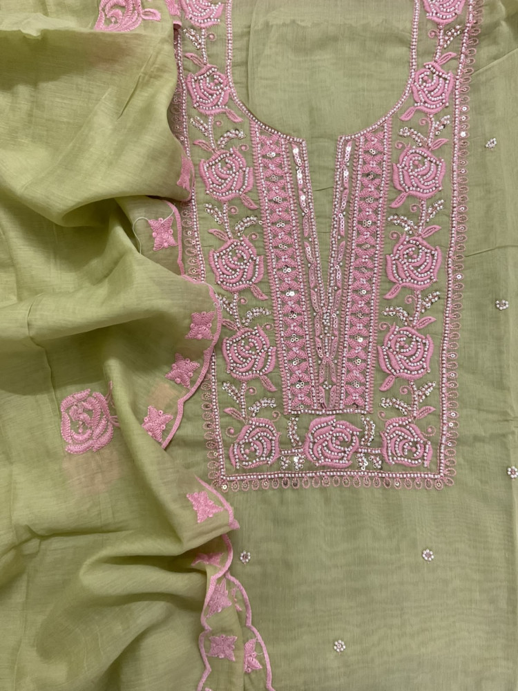 Image of Soft Chanderi Embroidered Suit - Green