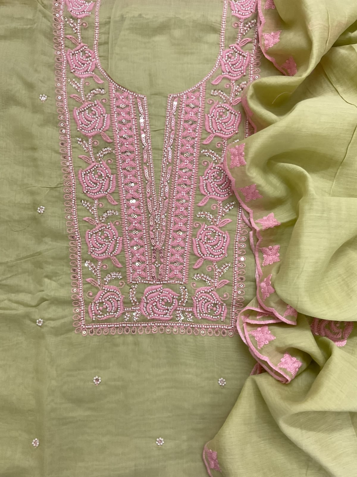 Soft Chanderi Embroidered Suit - Green