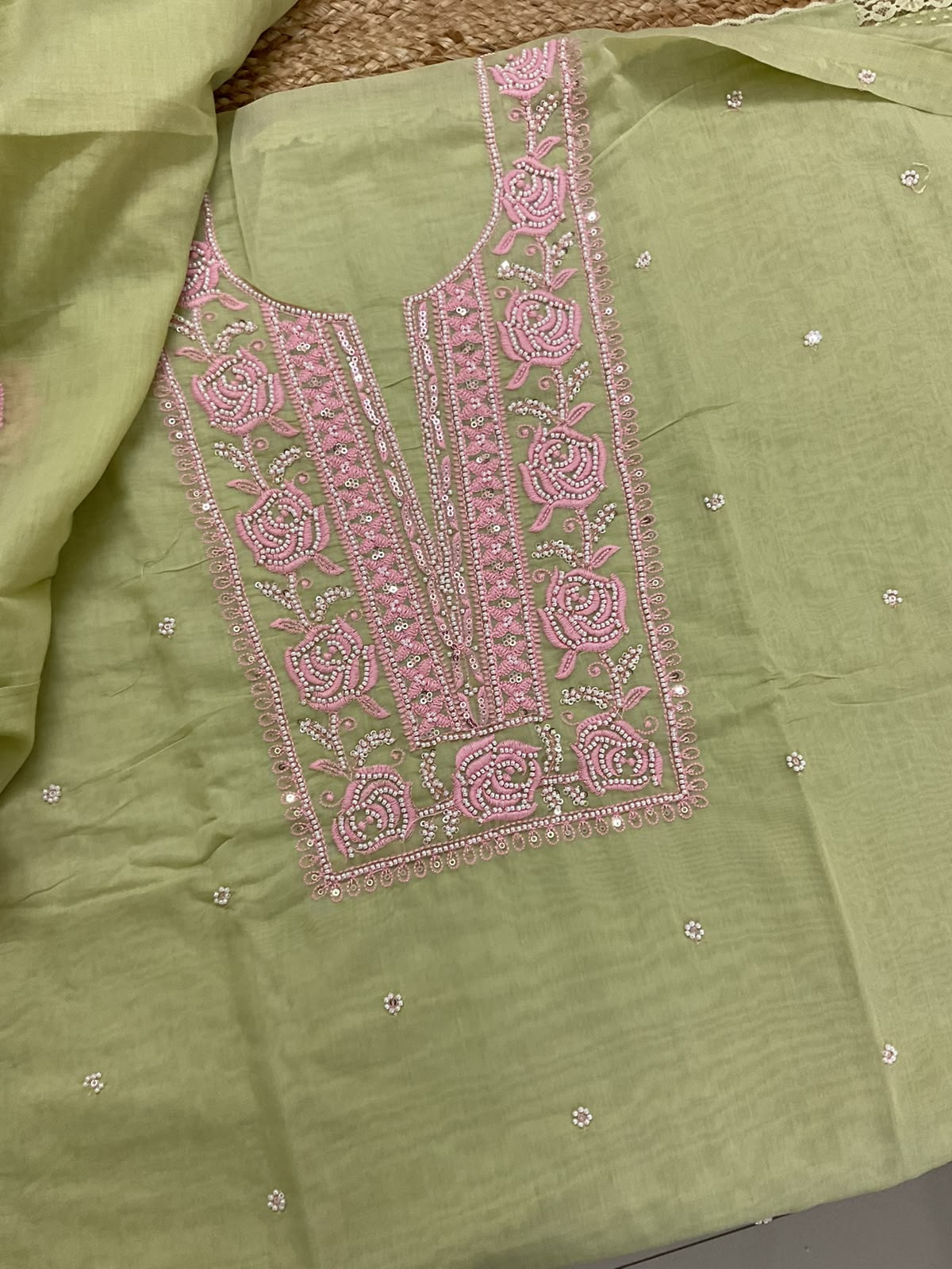 Soft Chanderi Embroidered Suit - Green