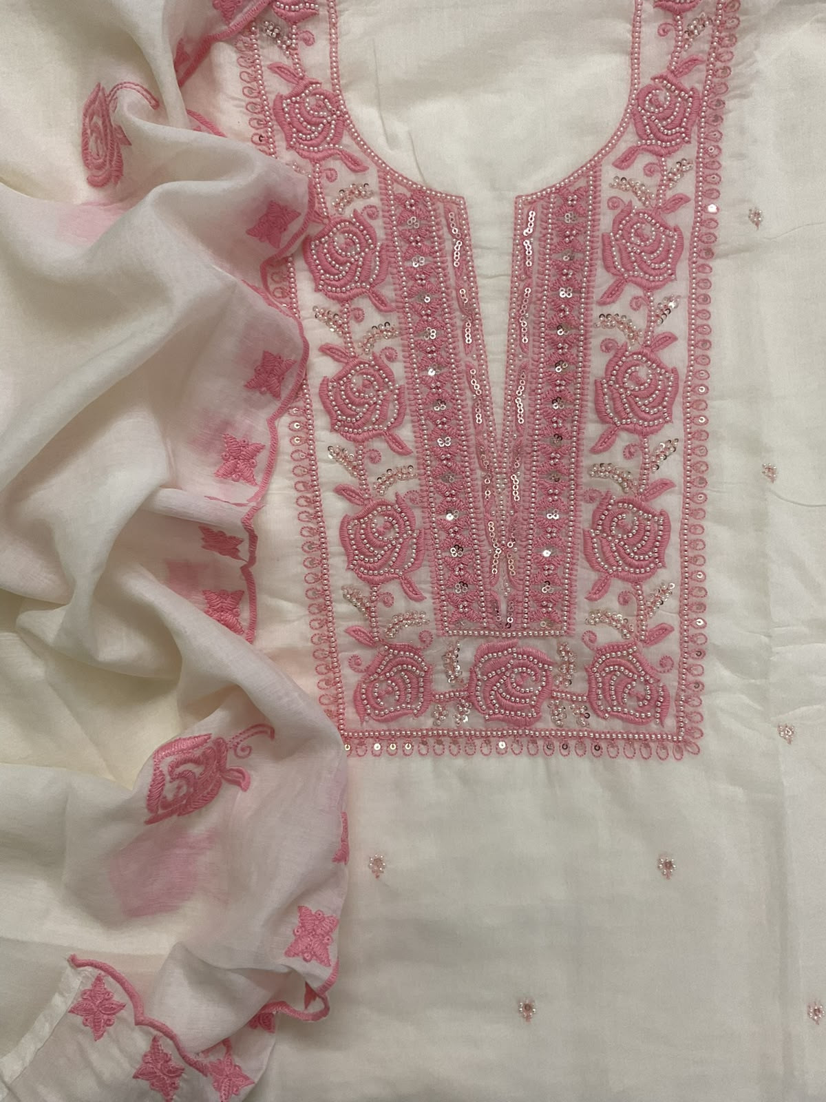 Soft Chanderi Embroidered Suit - Offwhite