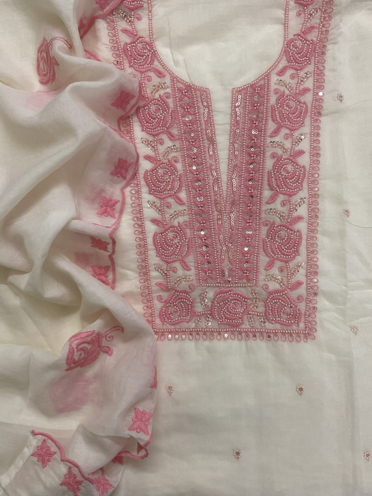 Image of Soft Chanderi Embroidered Suit - Offwhite