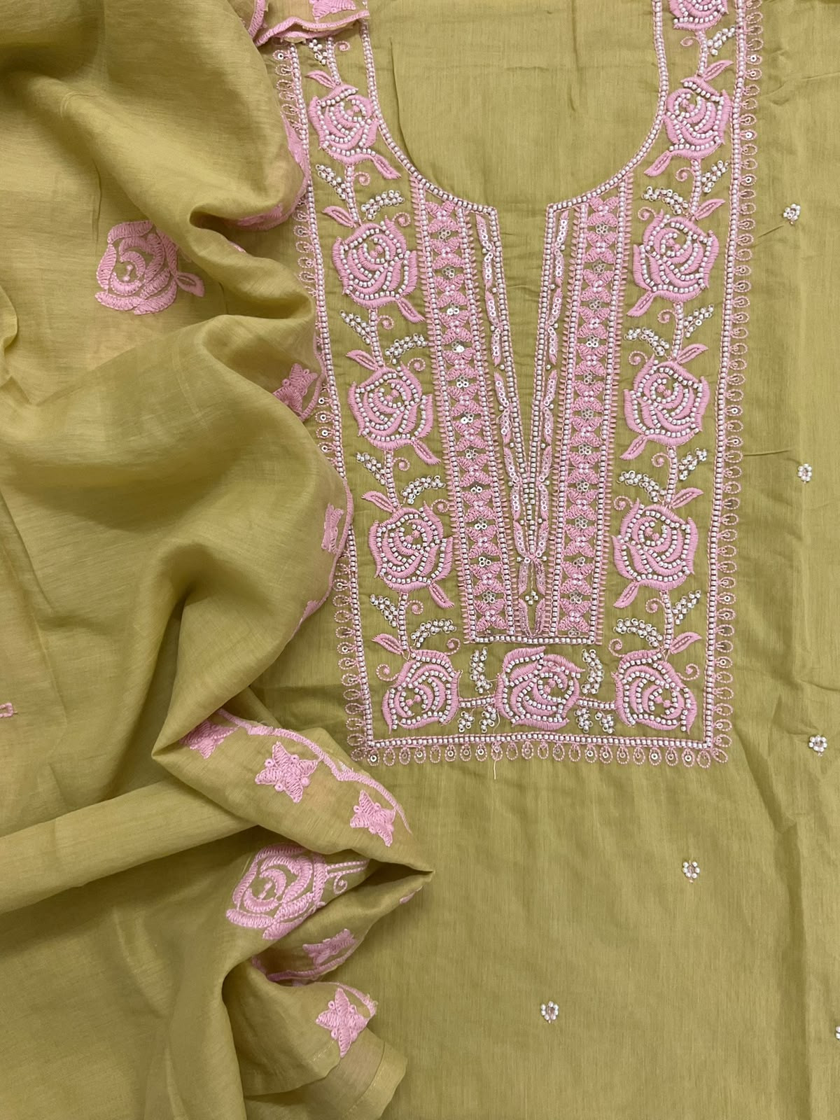 Soft Chanderi Embroidered Suit - Greenish Yellow