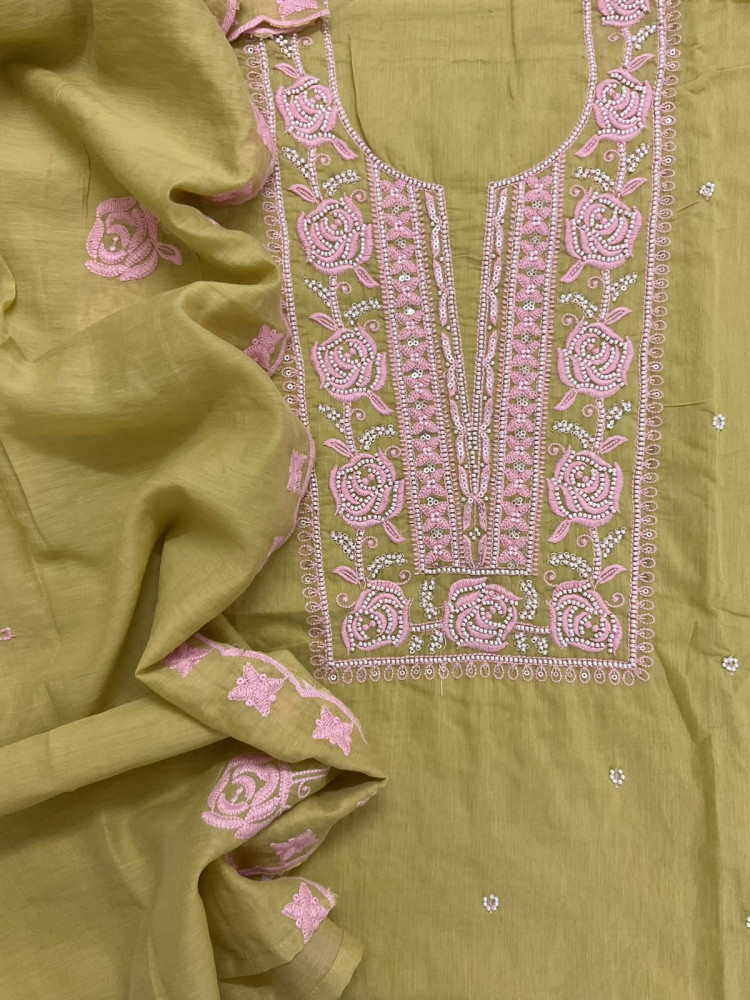 Image of Soft Chanderi Embroidered Suit - Greenish Yellow