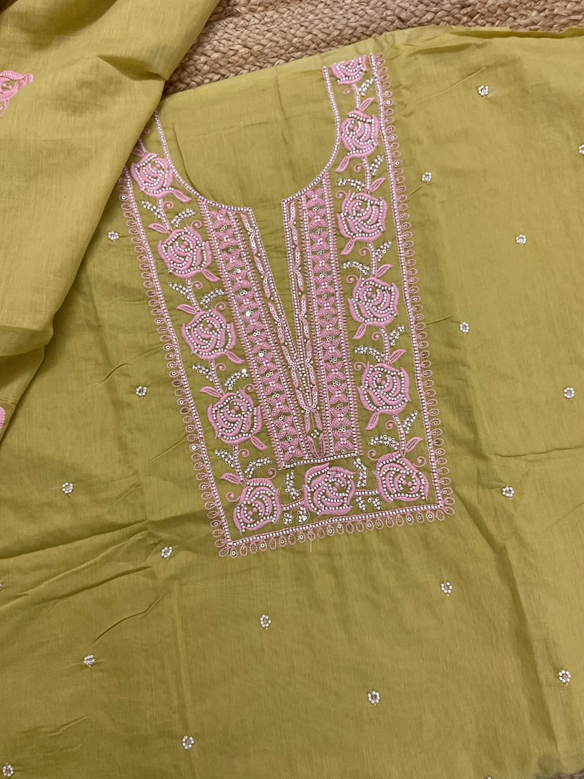 Soft Chanderi Embroidered Suit - Greenish Yellow