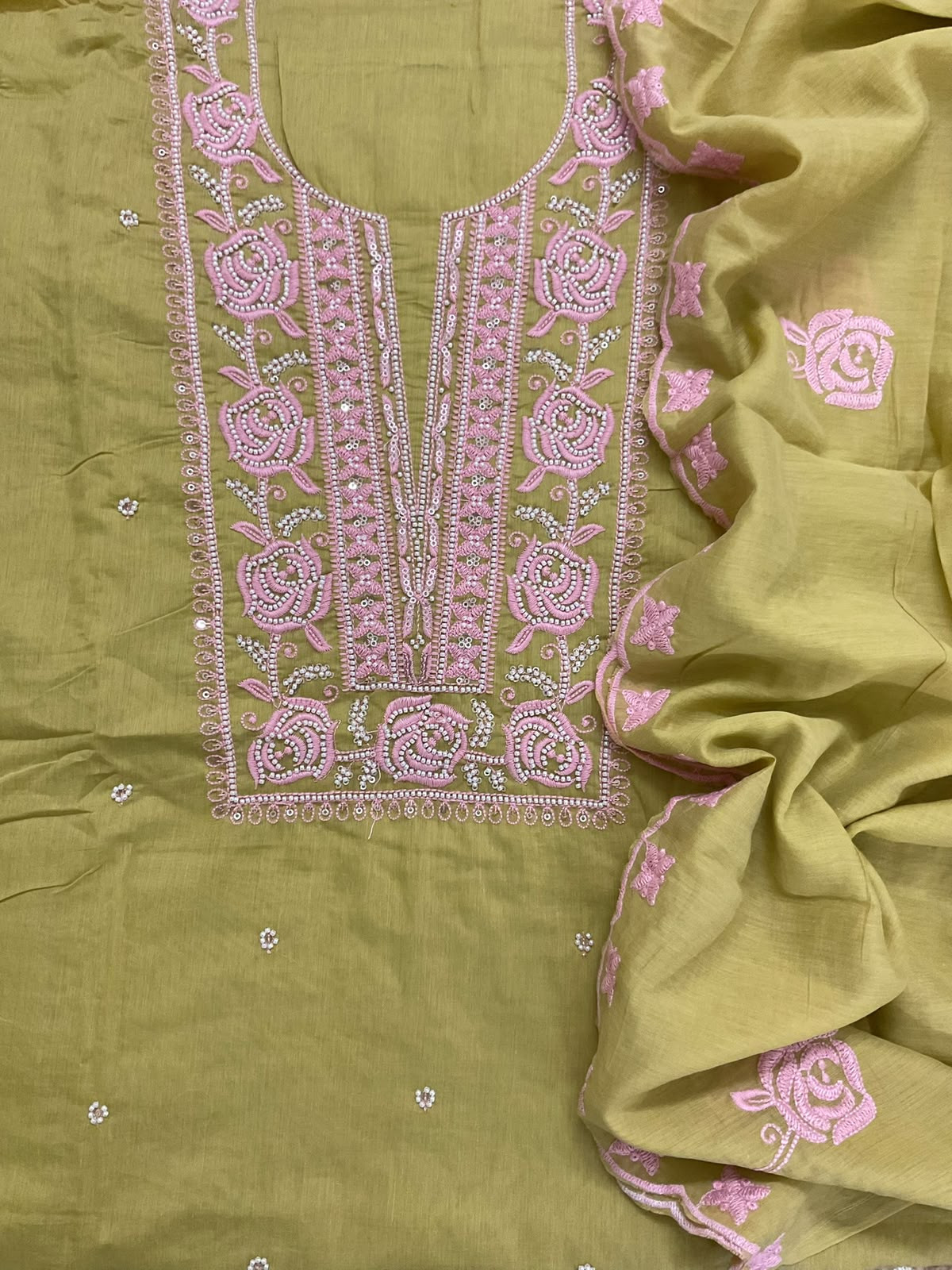 Soft Chanderi Embroidered Suit - Greenish Yellow