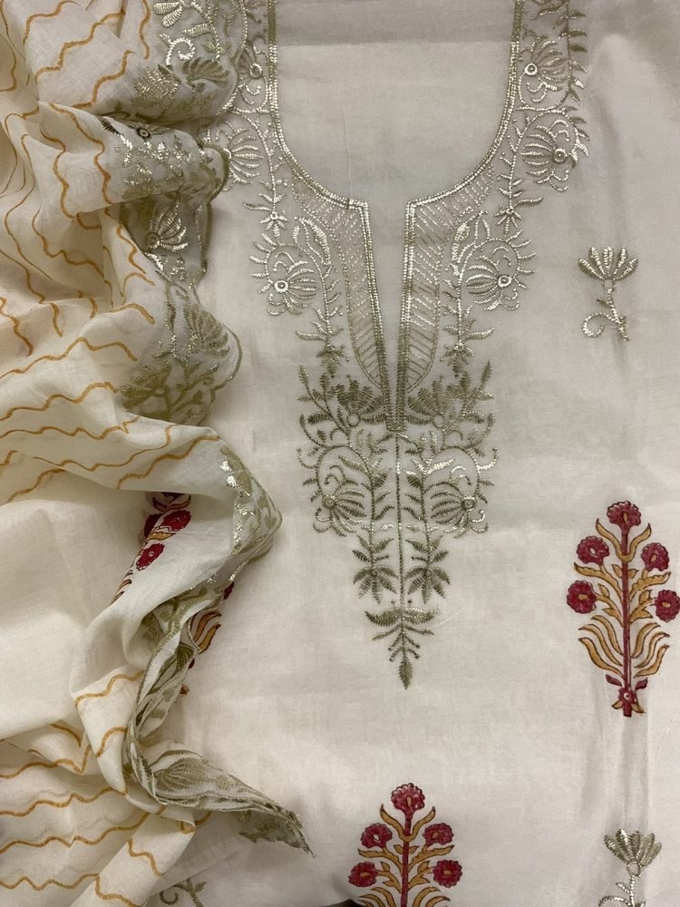 Image of Soft Chanderi Printed Embroidered Suit - Off White