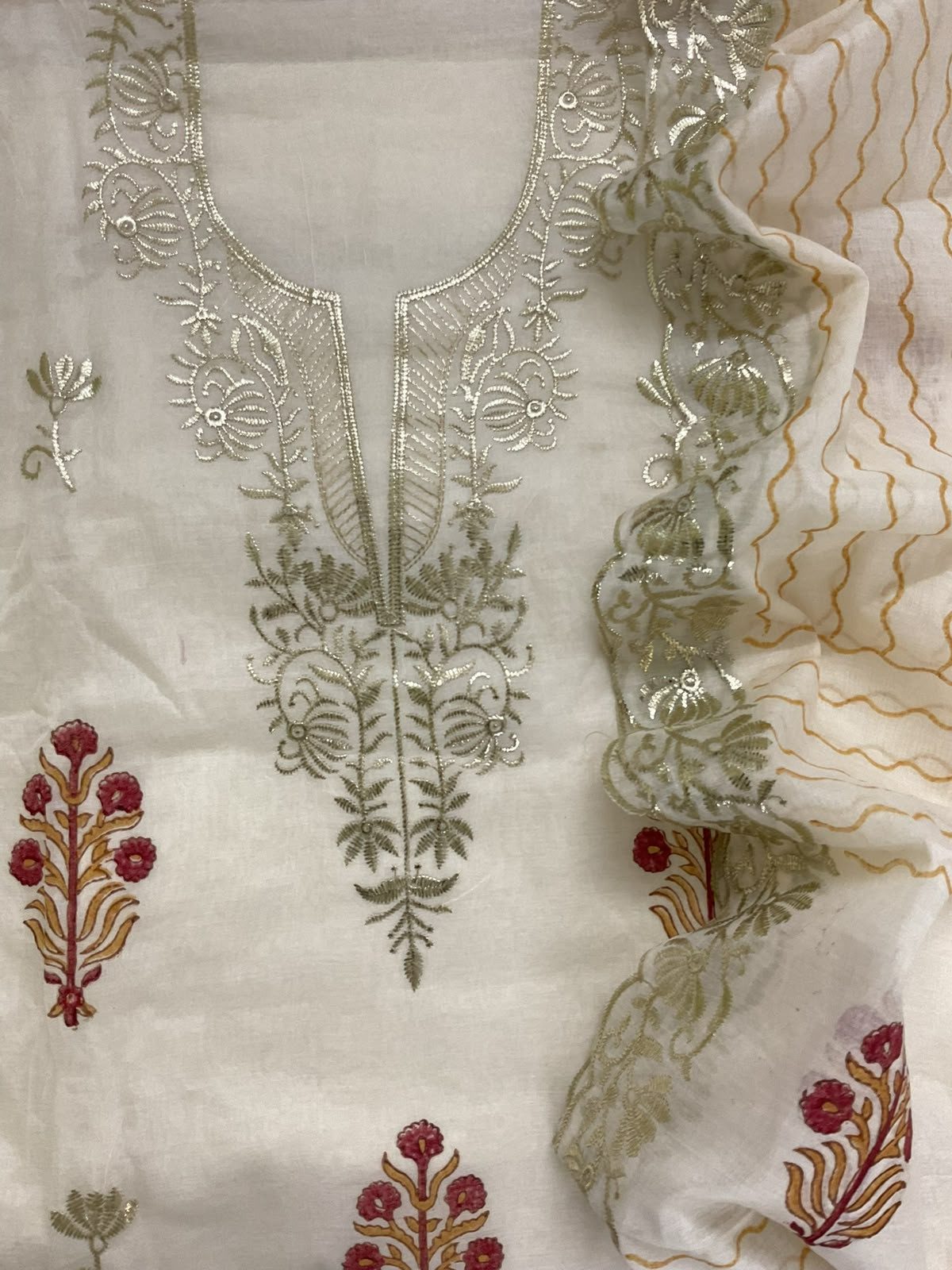 Soft Chanderi Printed Embroidered Suit - Off White