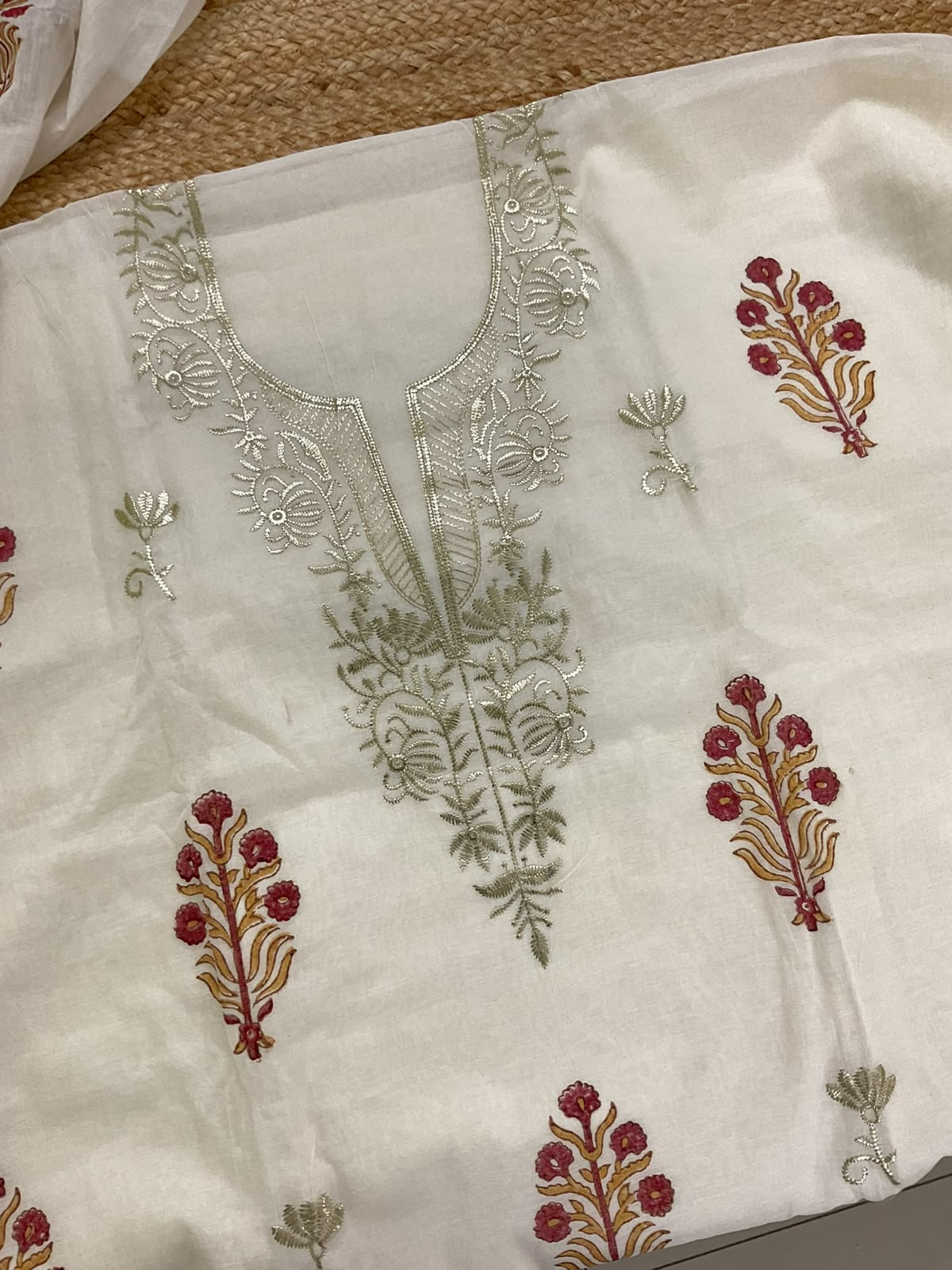 Soft Chanderi Printed Embroidered Suit - Off White