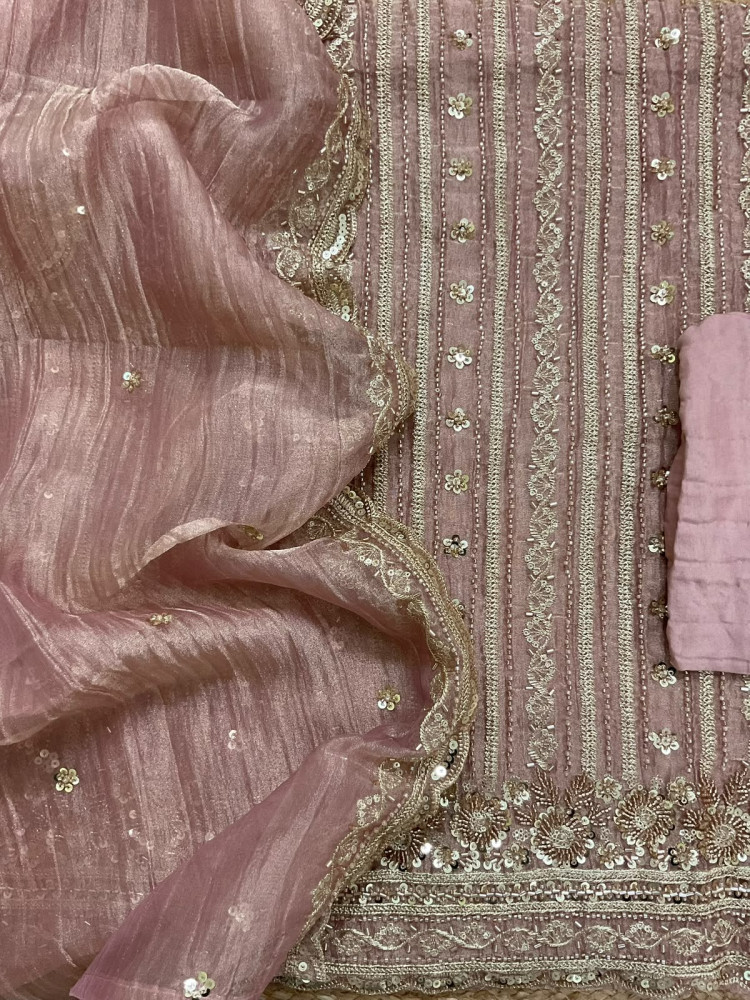 Image of Soft Crushed Tissue Embroidered Suit - Onion Pink