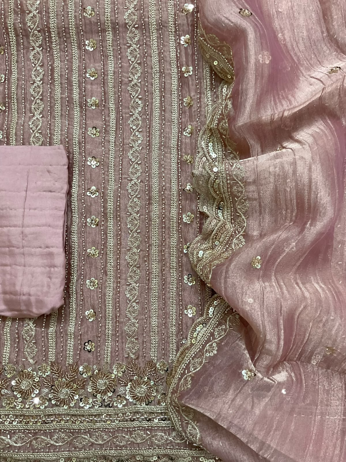 Soft Crushed Tissue Embroidered Suit - Onion Pink