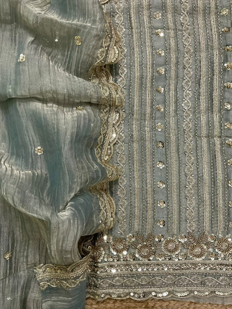 Image of Soft Crushed Tissue Embroidered Suit - Blue