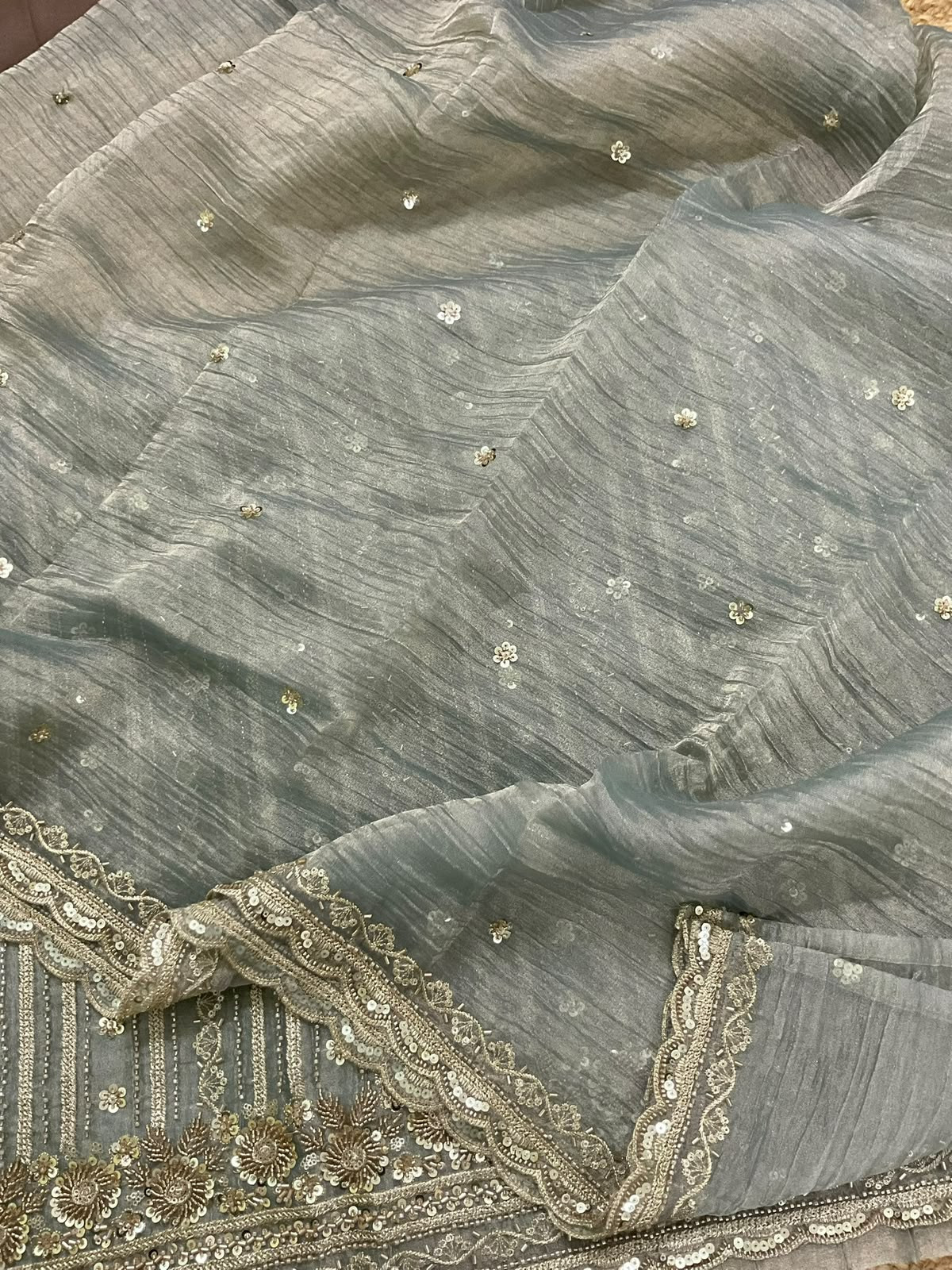 Soft Crushed Tissue Embroidered Suit - Blue