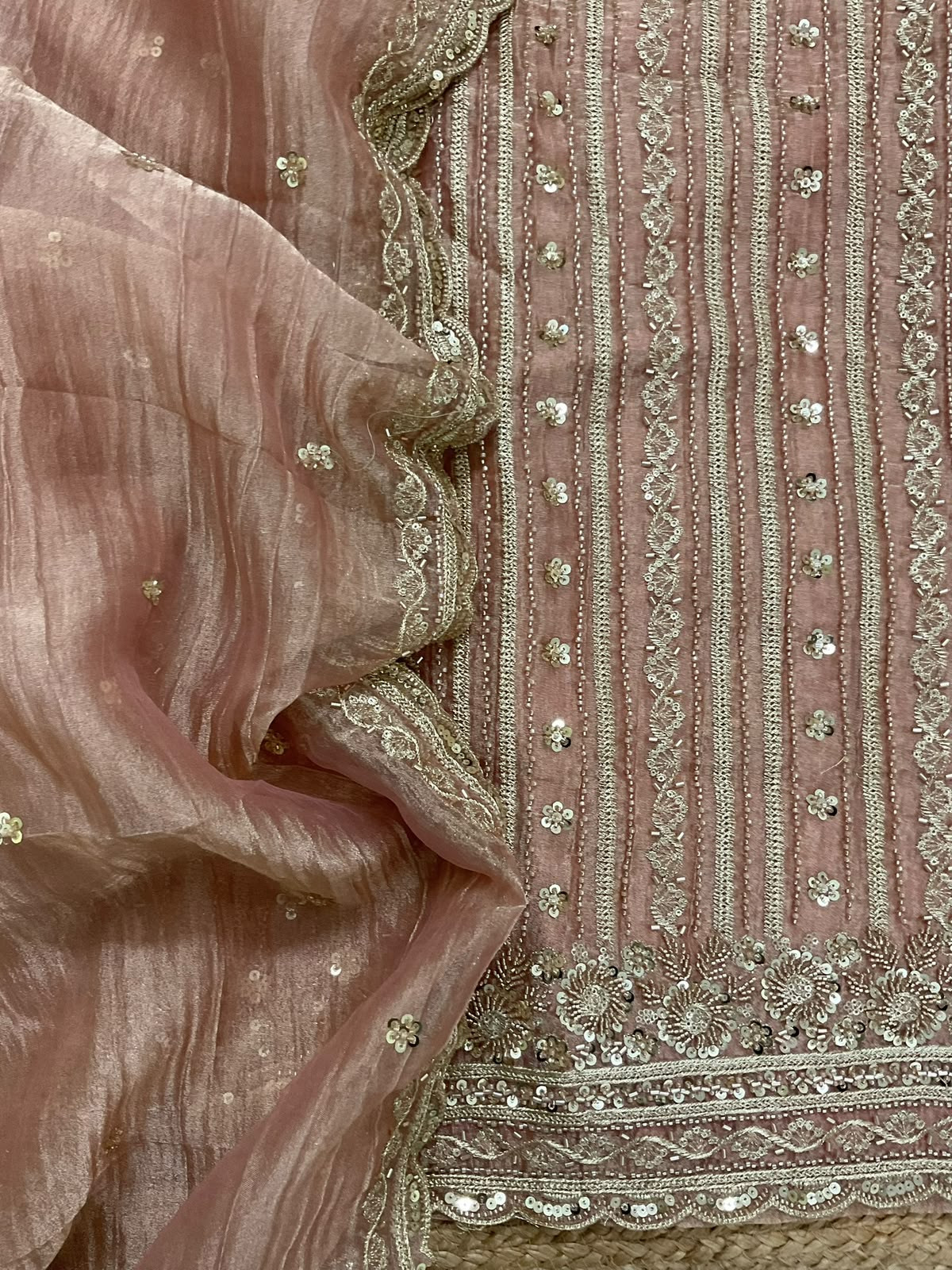 Soft Crushed Tissue Embroidered Suit - Peach
