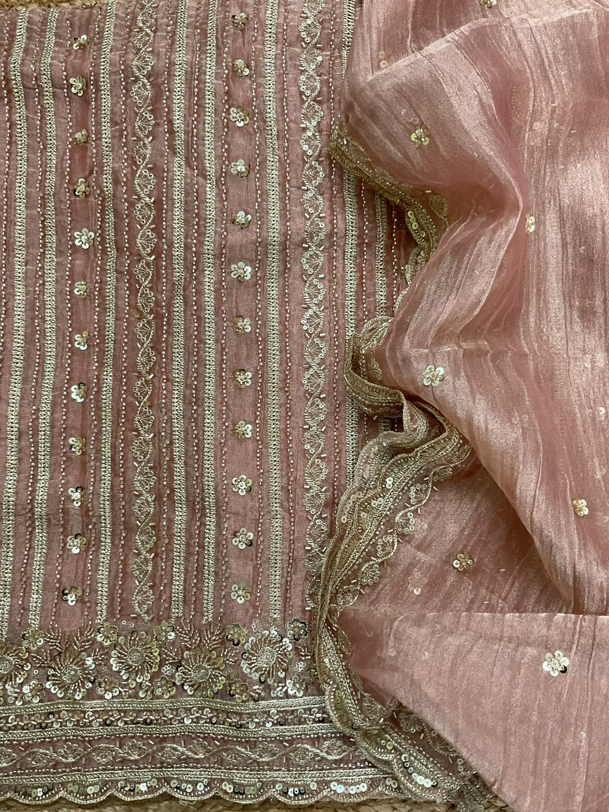 Soft Crushed Tissue Embroidered Suit - Peach