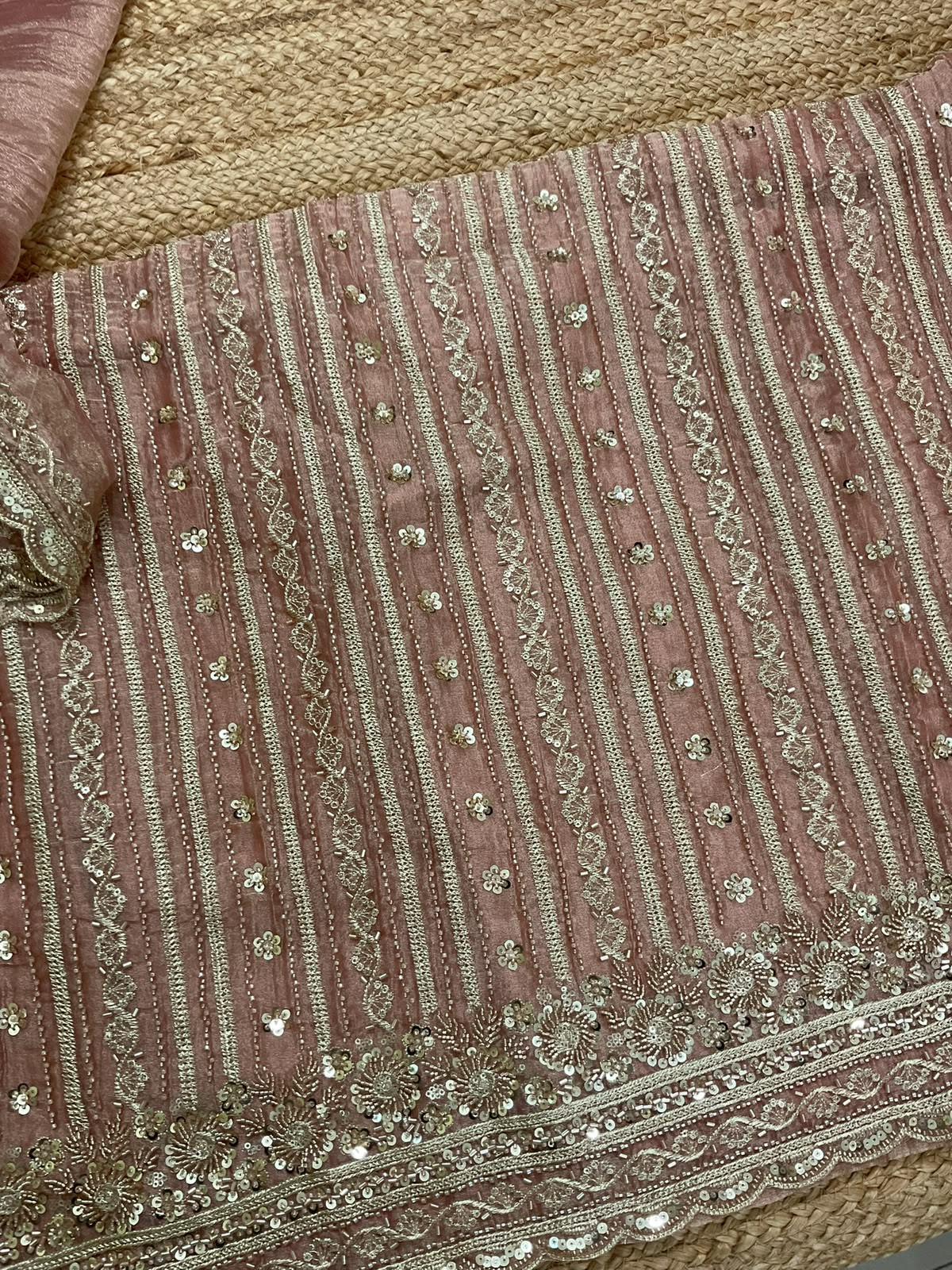 Soft Crushed Tissue Embroidered Suit - Peach