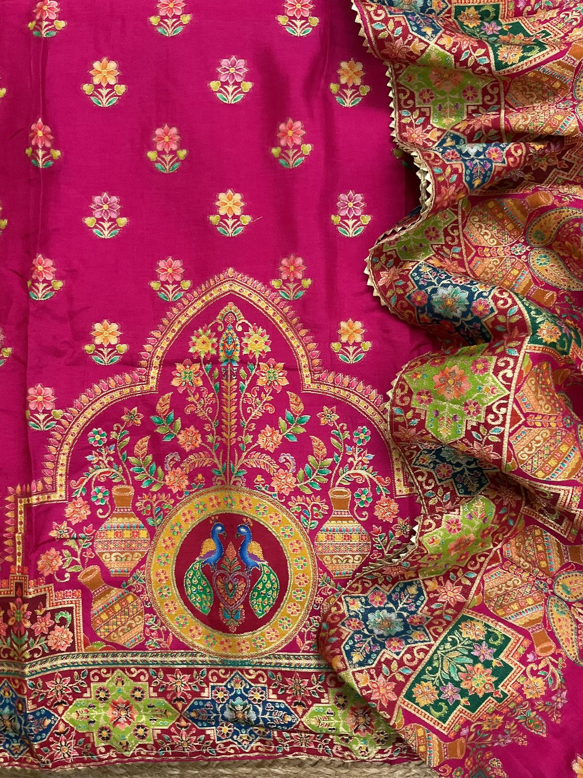 Soft Dola Silk Self Weaved Suit - Pink