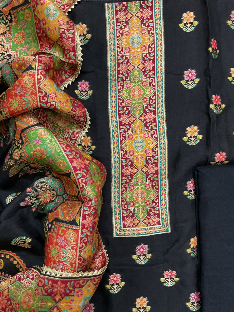 Image of Soft Dola Silk Self Weaved Suit - Black