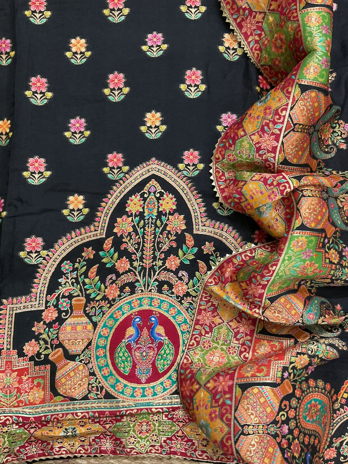 Soft Dola Silk Self Weaved Suit - Black