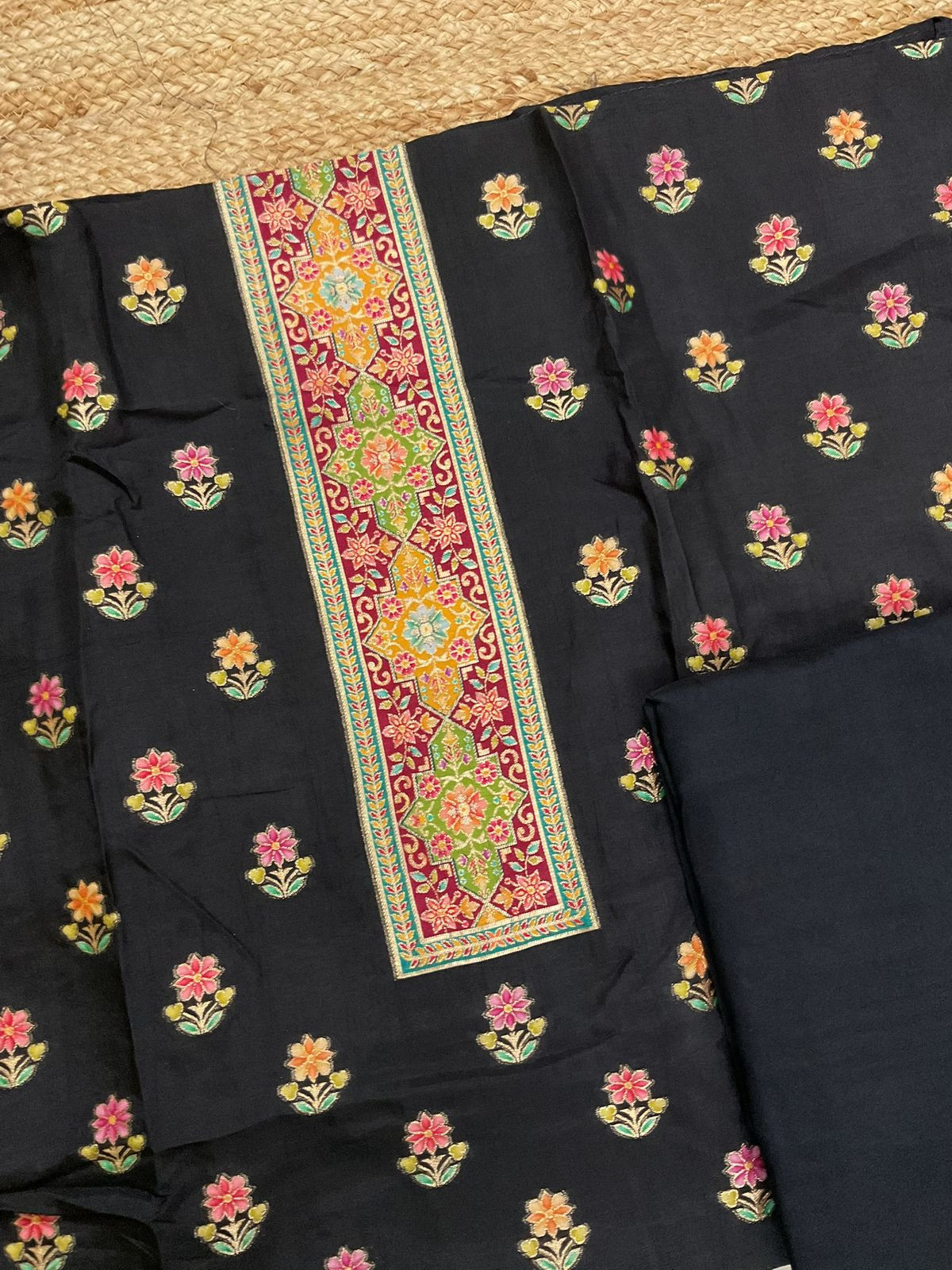 Soft Dola Silk Self Weaved Suit - Black