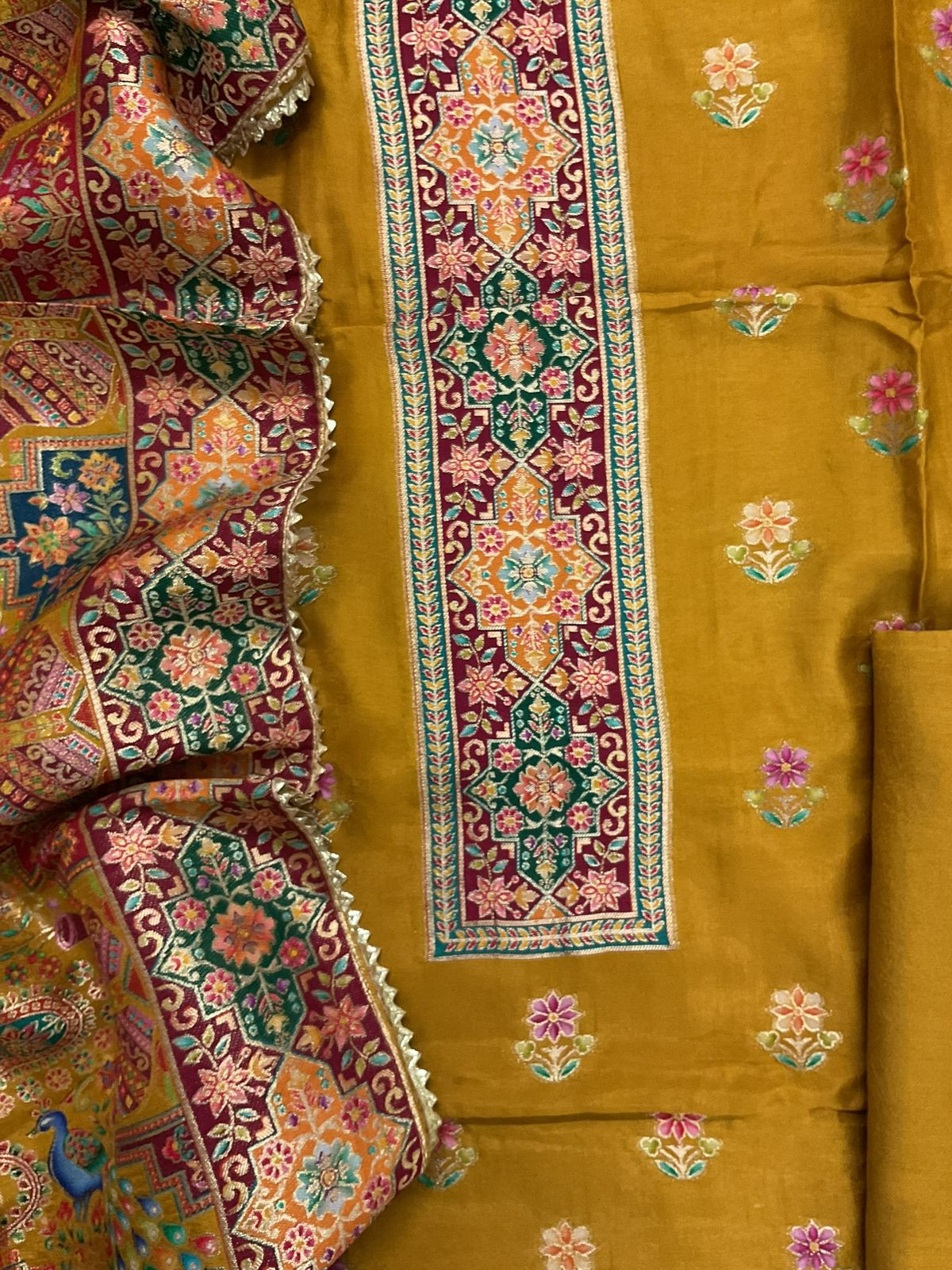 Soft Dola Silk Self Weaved Suit - Mustard
