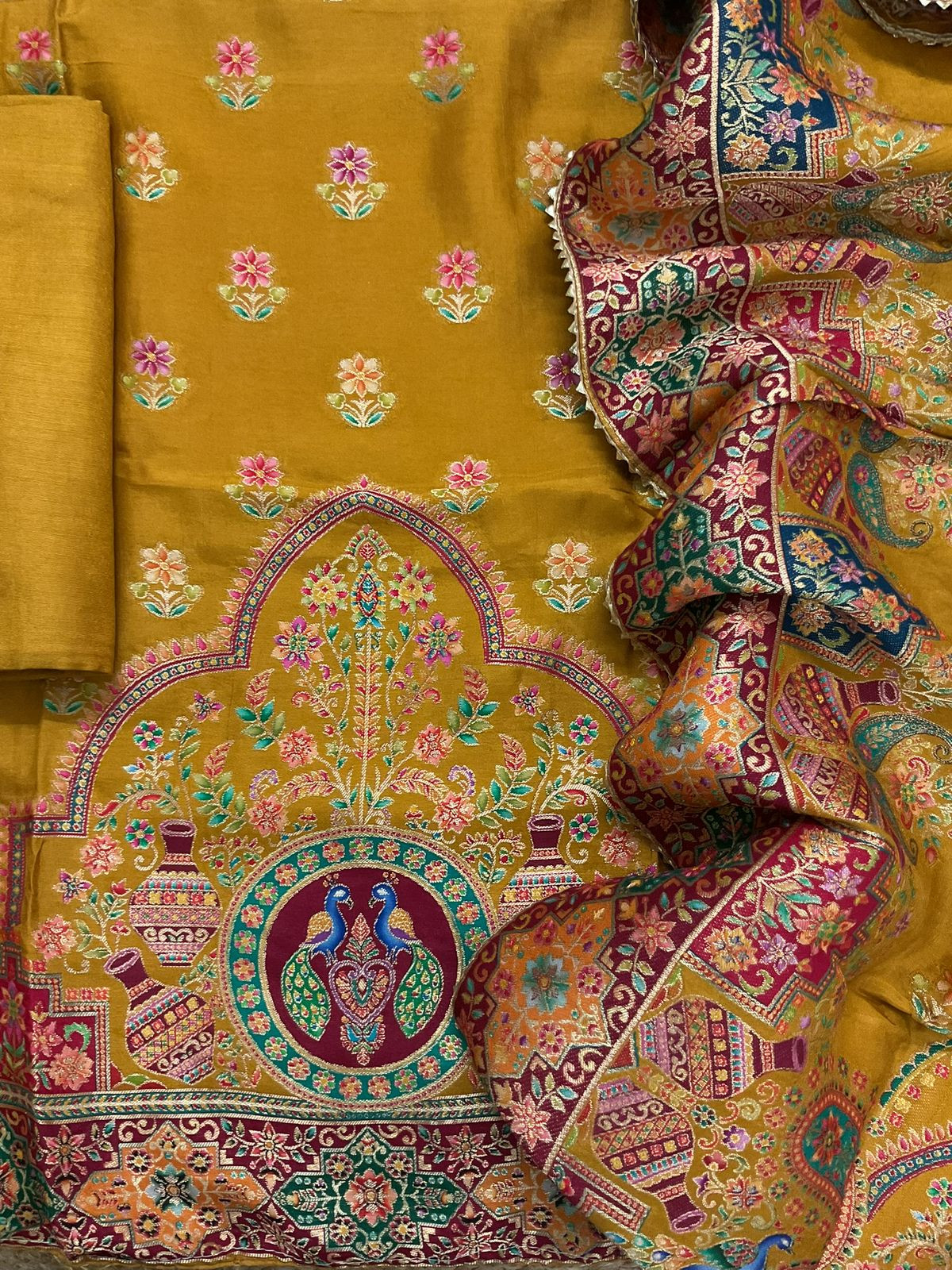 Soft Dola Silk Self Weaved Suit - Mustard