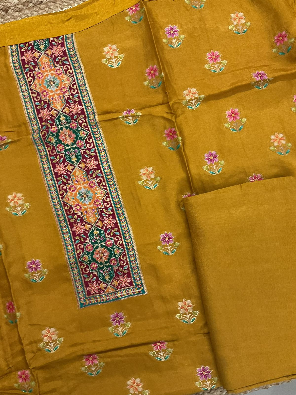 Soft Dola Silk Self Weaved Suit - Mustard
