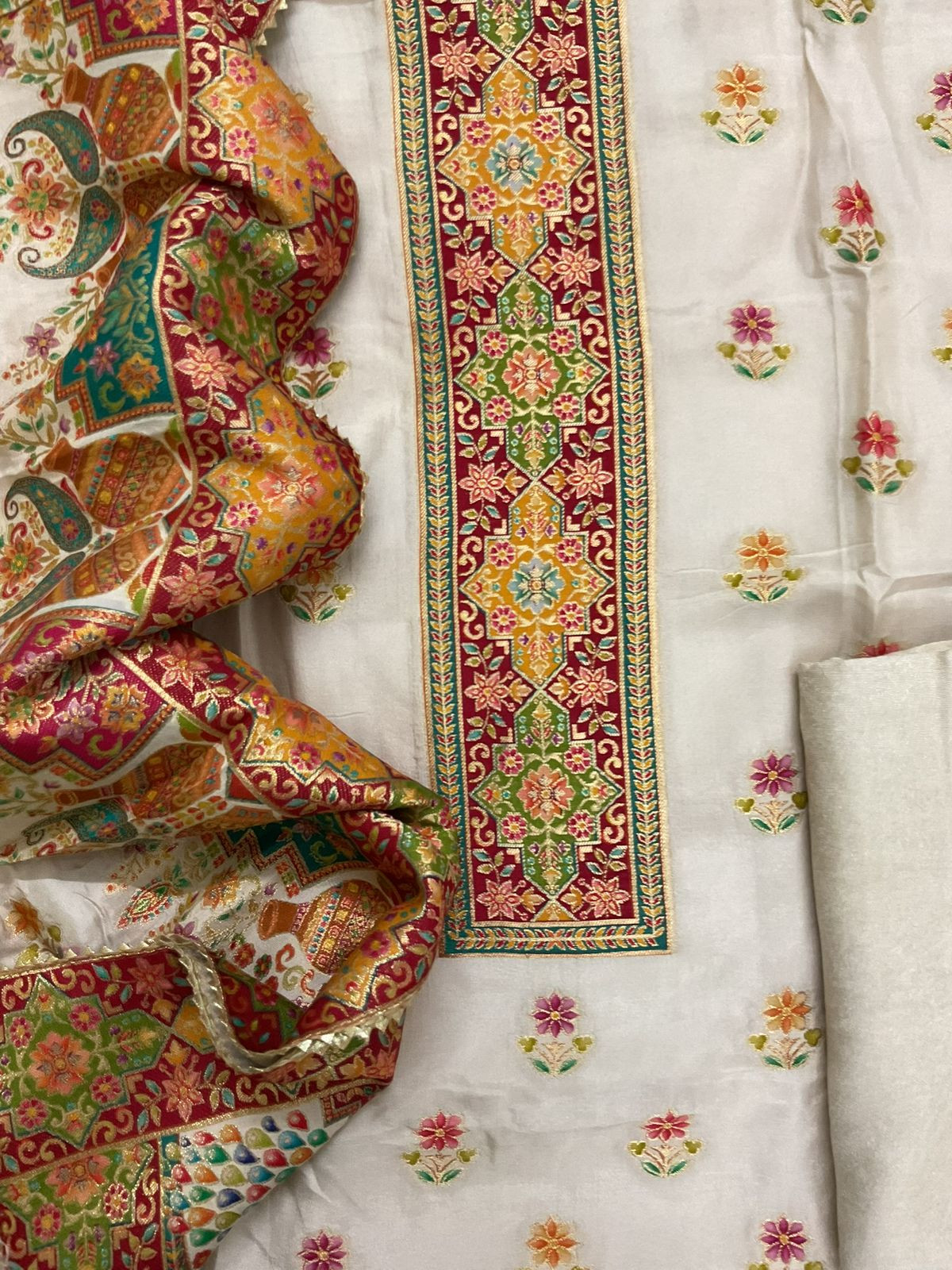 Soft Dola Silk Self Weaved Suit - Offwhite