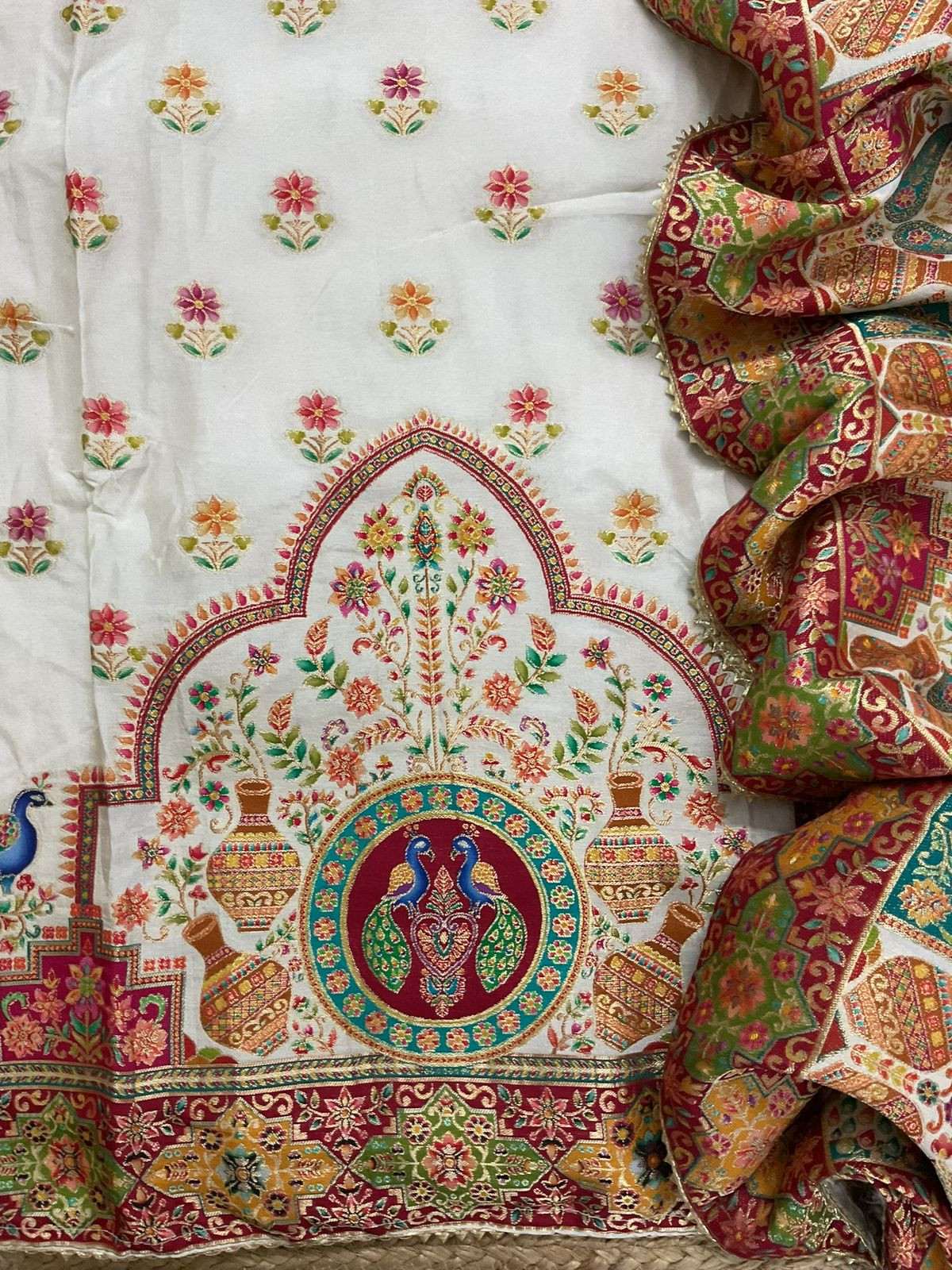 Soft Dola Silk Self Weaved Suit - Offwhite