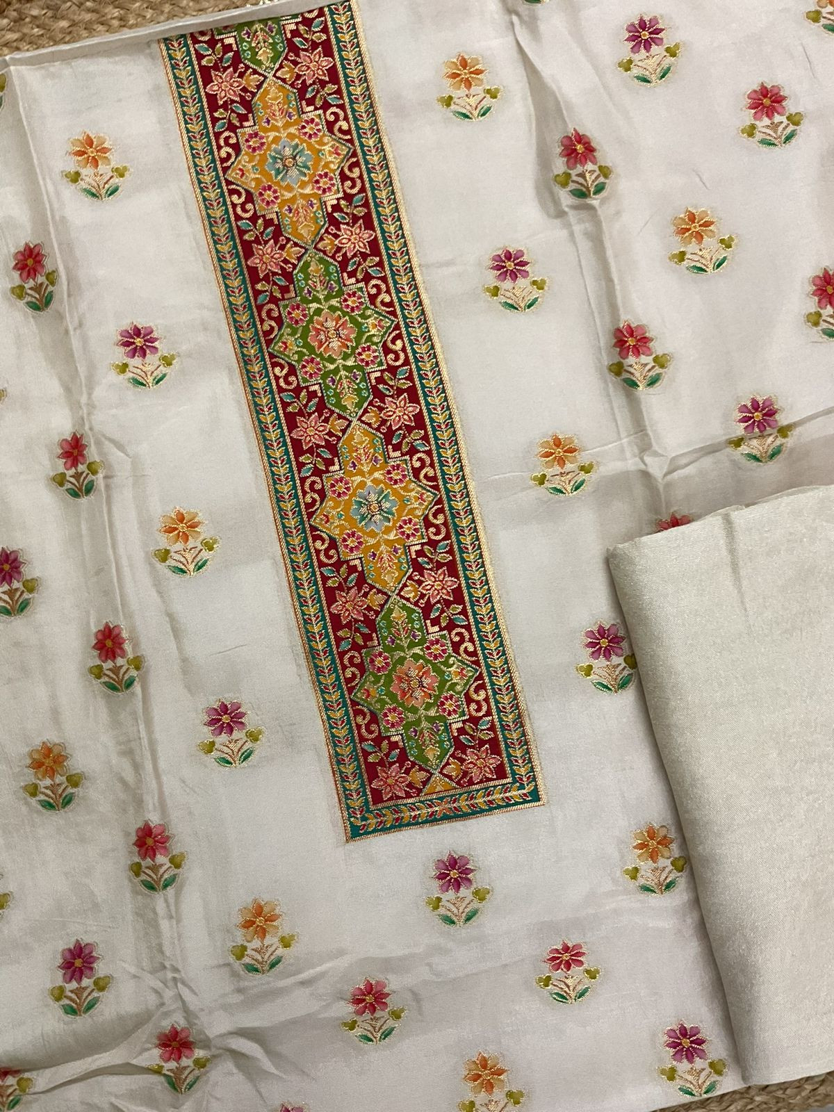 Soft Dola Silk Self Weaved Suit - Offwhite