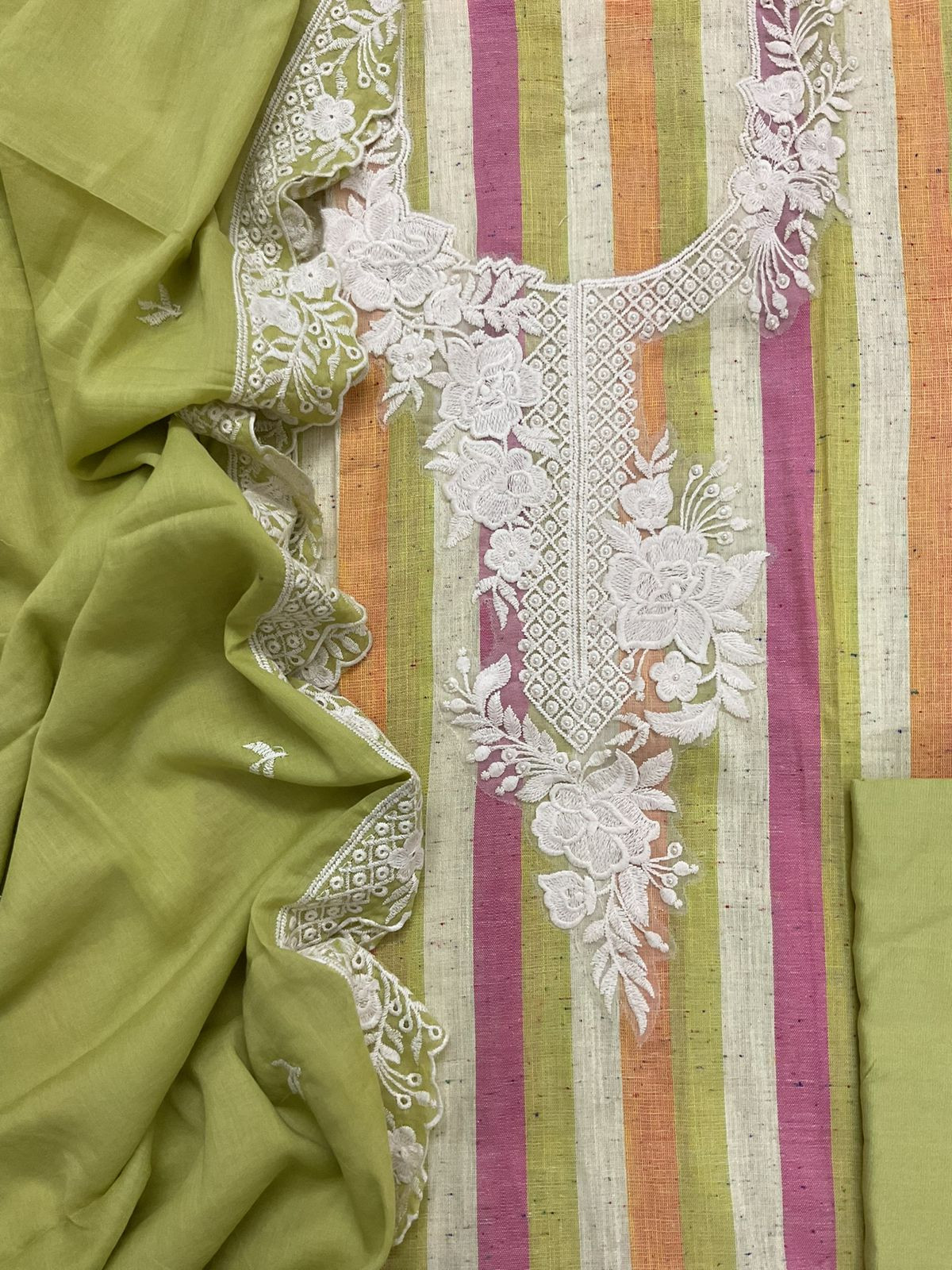 Pure Khadi Cotton Self Weaved Embroidered Suit - Green