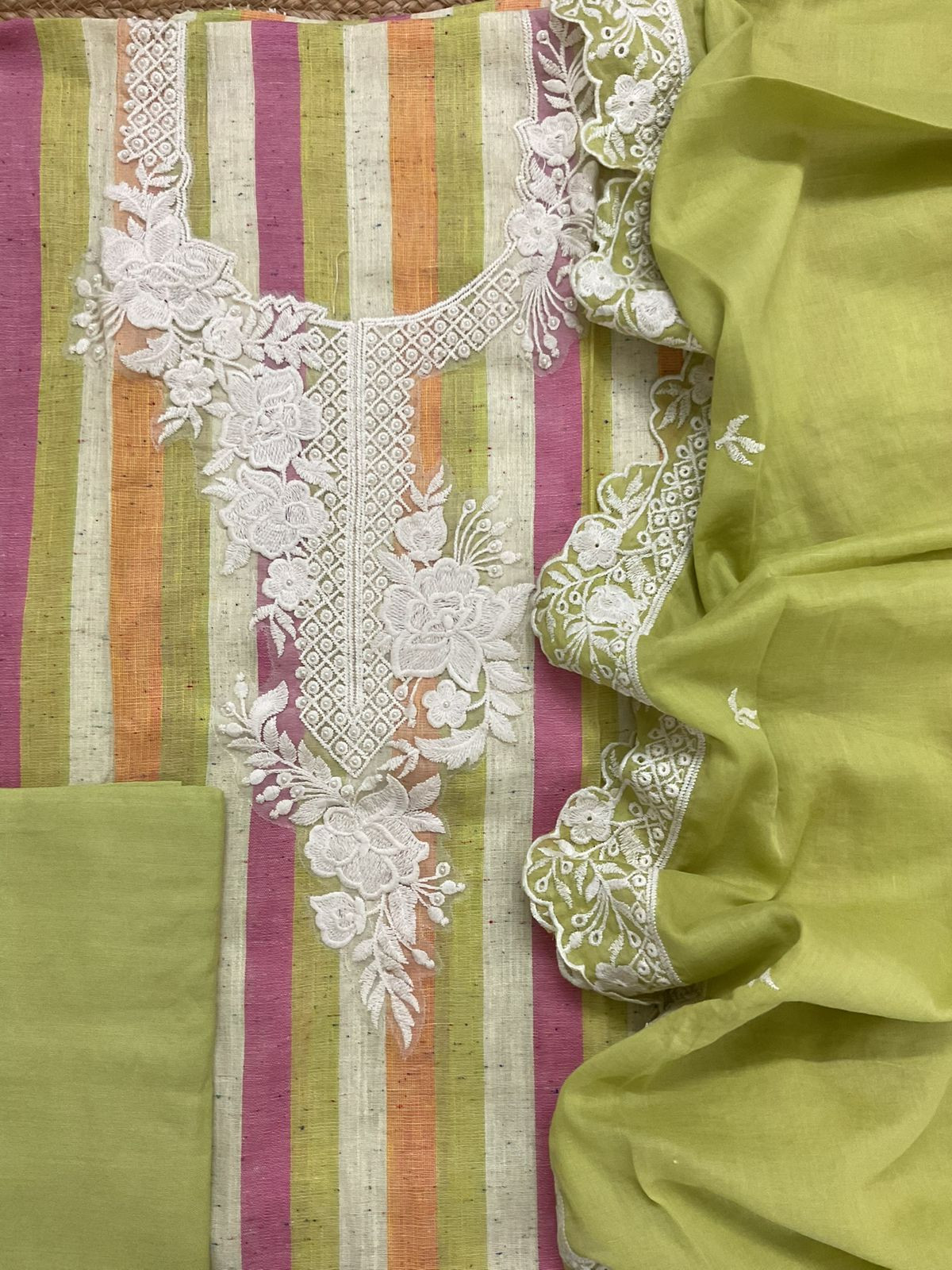 Pure Khadi Cotton Self Weaved Embroidered Suit - Green