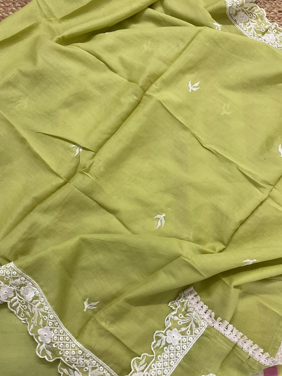 Pure Khadi Cotton Self Weaved Embroidered Suit - Green