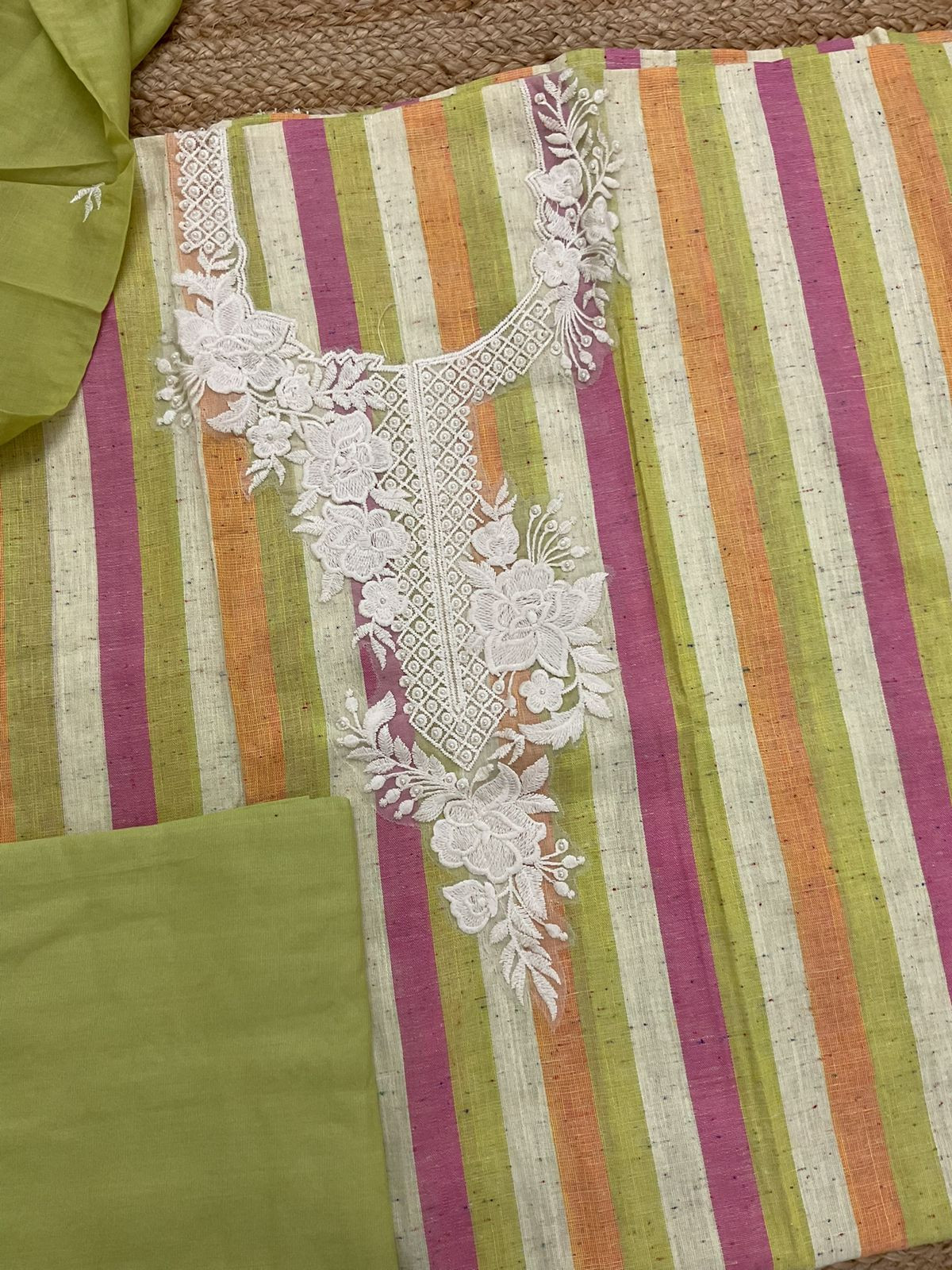 Pure Khadi Cotton Self Weaved Embroidered Suit - Green