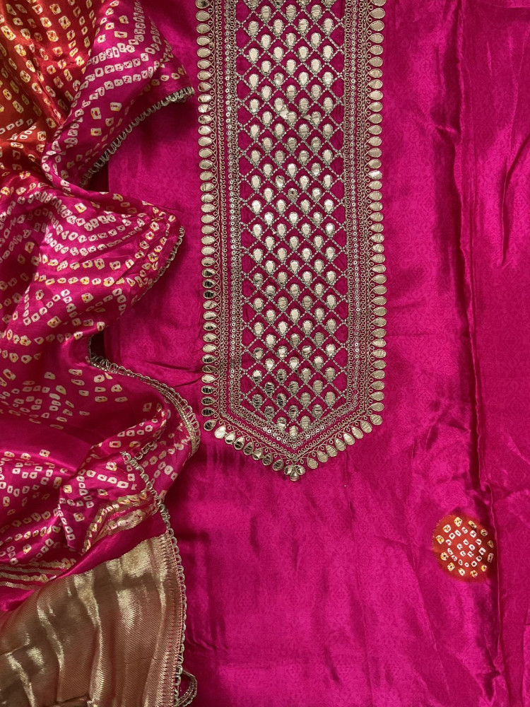 Image of Soft Gajji Silk Printed Embroidered Suit - Pink