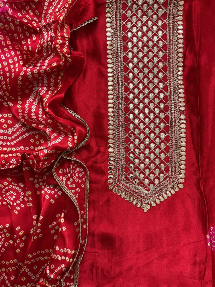 Image of Soft Gajji Silk Printed Embroidered Suit - Red