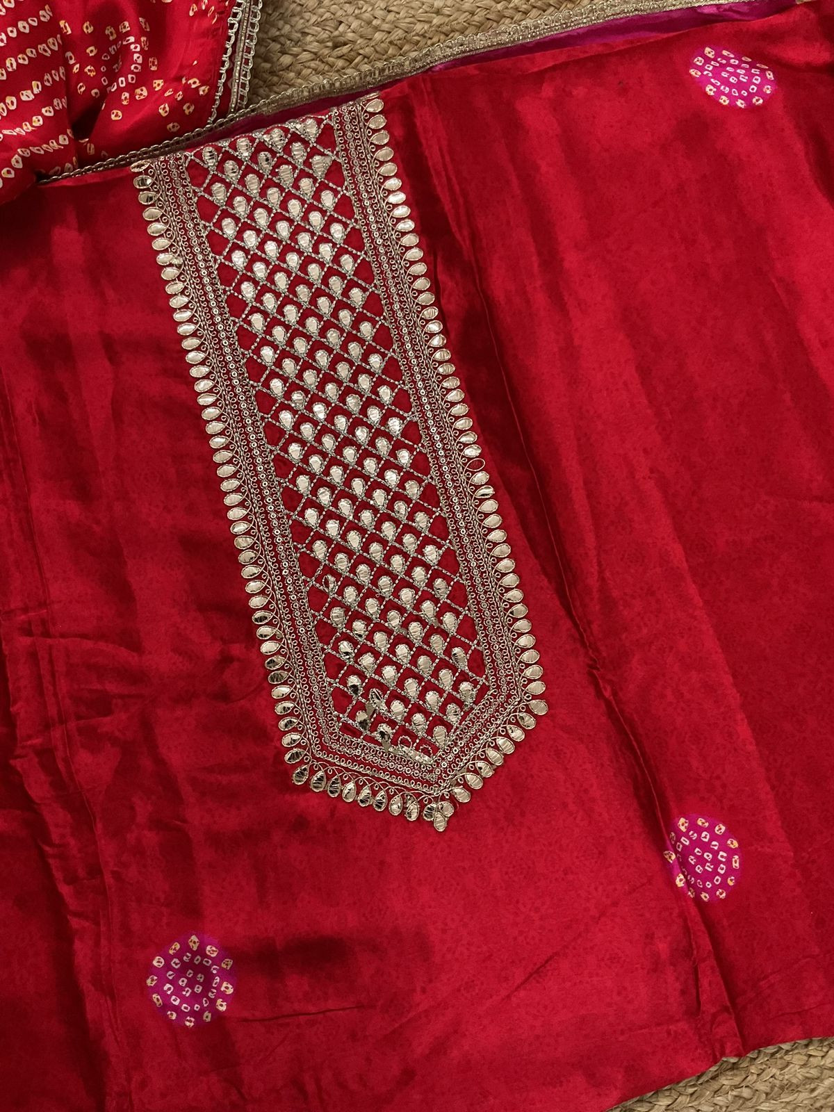 Soft Gajji Silk Printed Embroidered Suit - Red