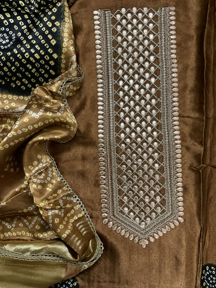 Image of Soft Gajji Silk Printed Embroidered Suit - Brown