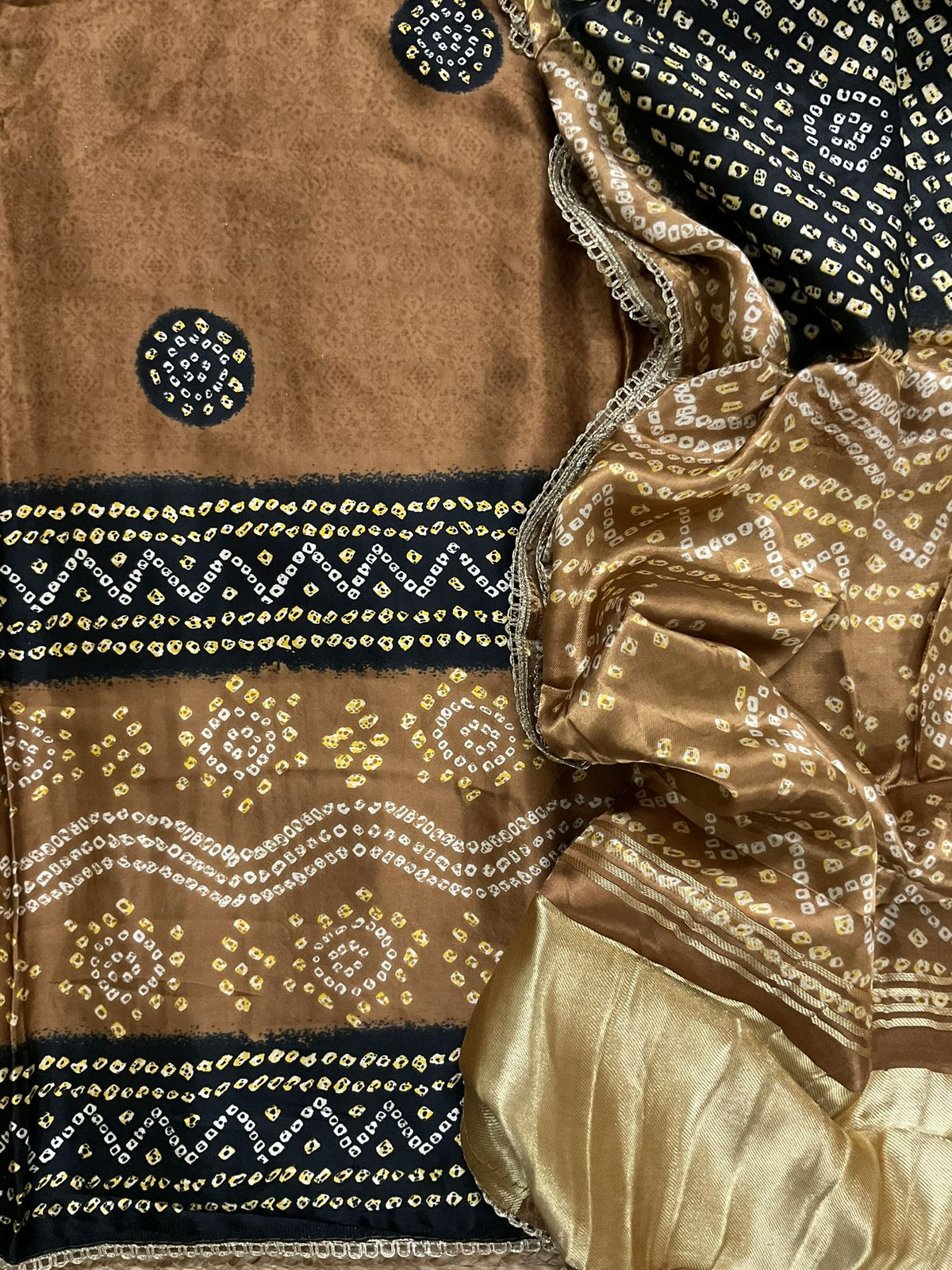 Soft Gajji Silk Printed Embroidered Suit - Brown