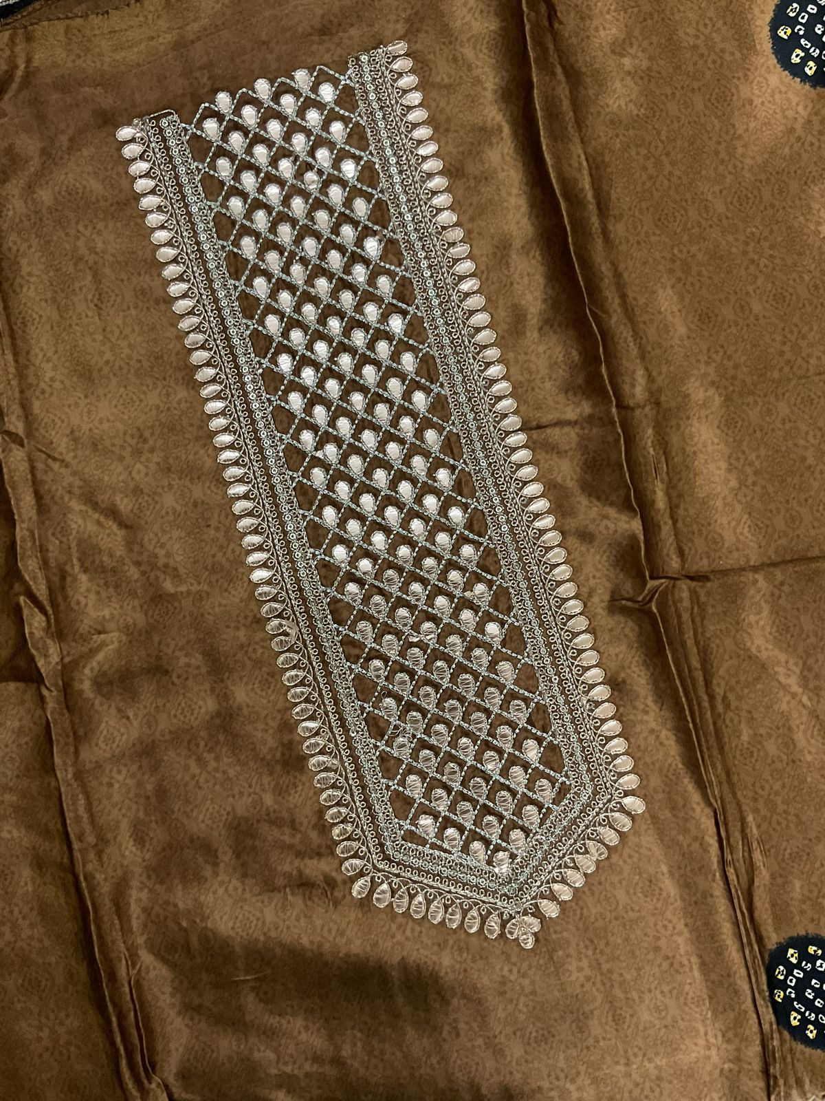 Soft Gajji Silk Printed Embroidered Suit - Brown