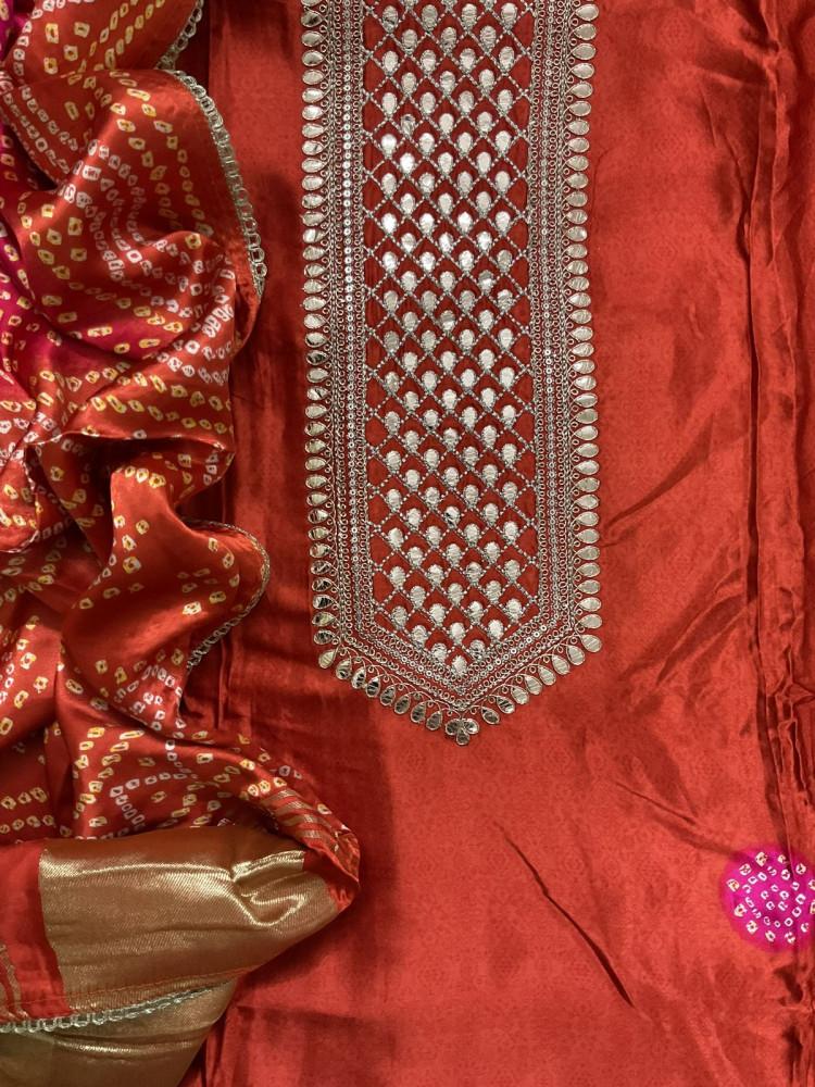 Image of Soft Gajji Silk Printed Embroidered Suit - Orange