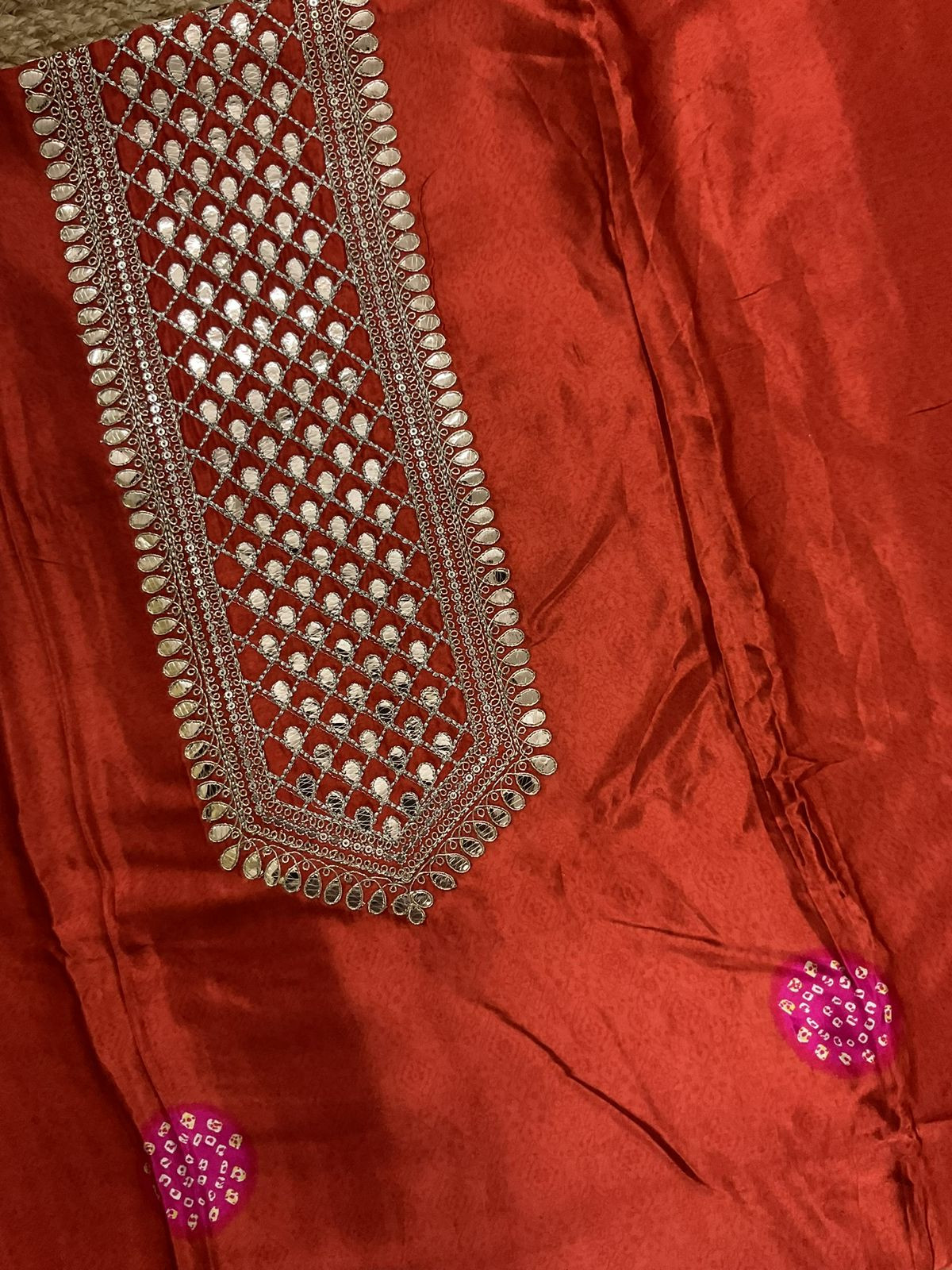 Soft Gajji Silk Printed Embroidered Suit - Orange
