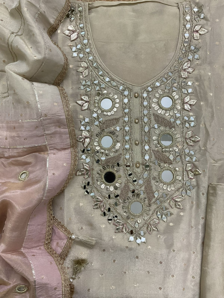 Image of Soft Tissue Cotton Silk Banarasi Weaved Embroidered Suit - Beige