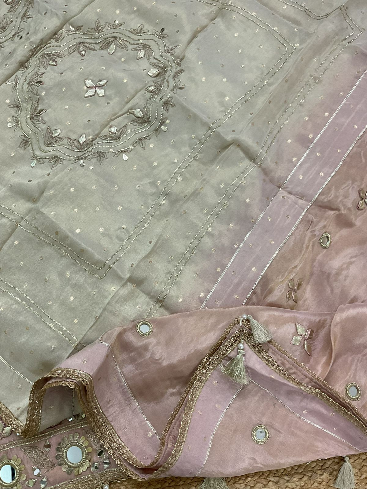 Soft Tissue Cotton Silk Banarasi Weaved Embroidered Suit - Beige