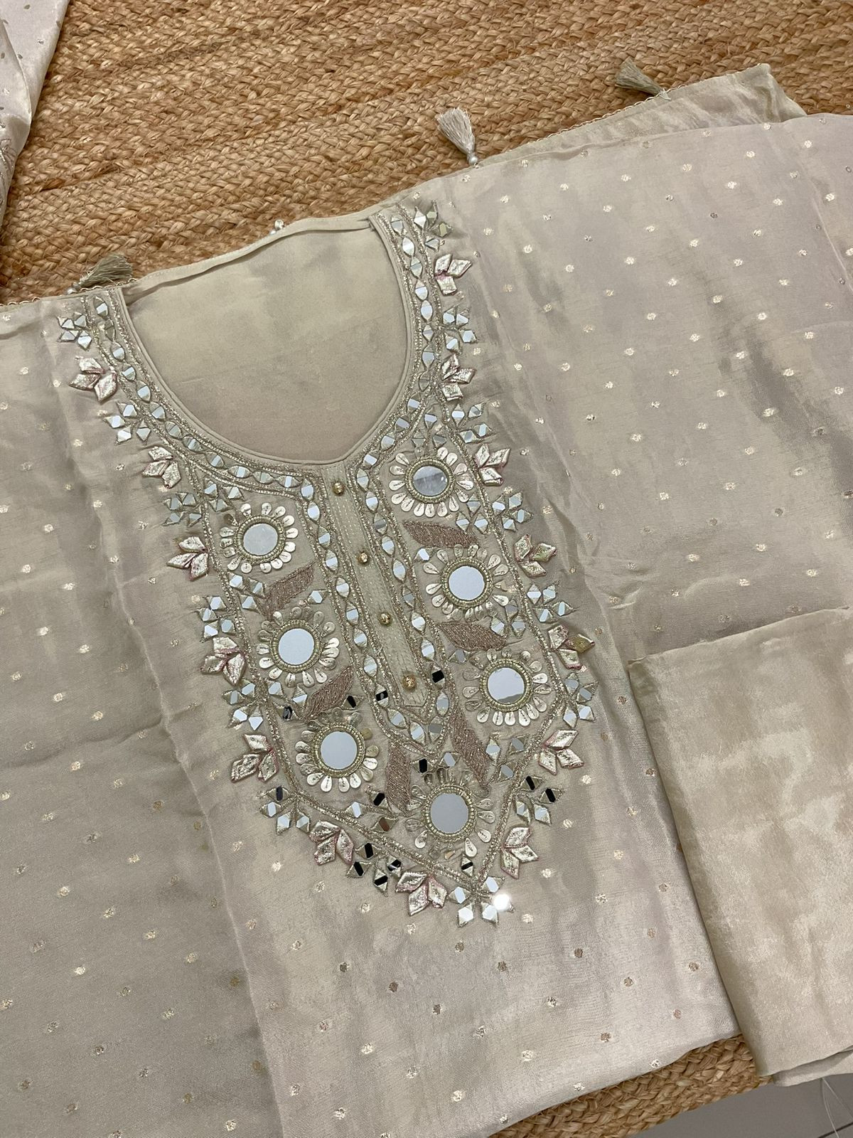 Soft Tissue Cotton Silk Banarasi Weaved Embroidered Suit - Beige